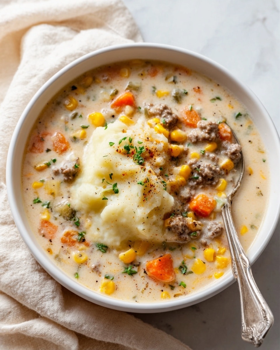A white bowl filled with a creamy soup showing three clear layers: the bottom layer is a light beige broth with visible pieces of diced carrots, corn, and ground beef; the middle layer contains a thick mix of chunky mashed potatoes covering part of the soup; scattered green herbs sprinkle the top, adding color and texture; a silver spoon is placed on the right side inside the bowl; the bowl sits on a soft cream-colored cloth over a white marbled surface. photo taken with an iphone --ar 4:5 --v 7