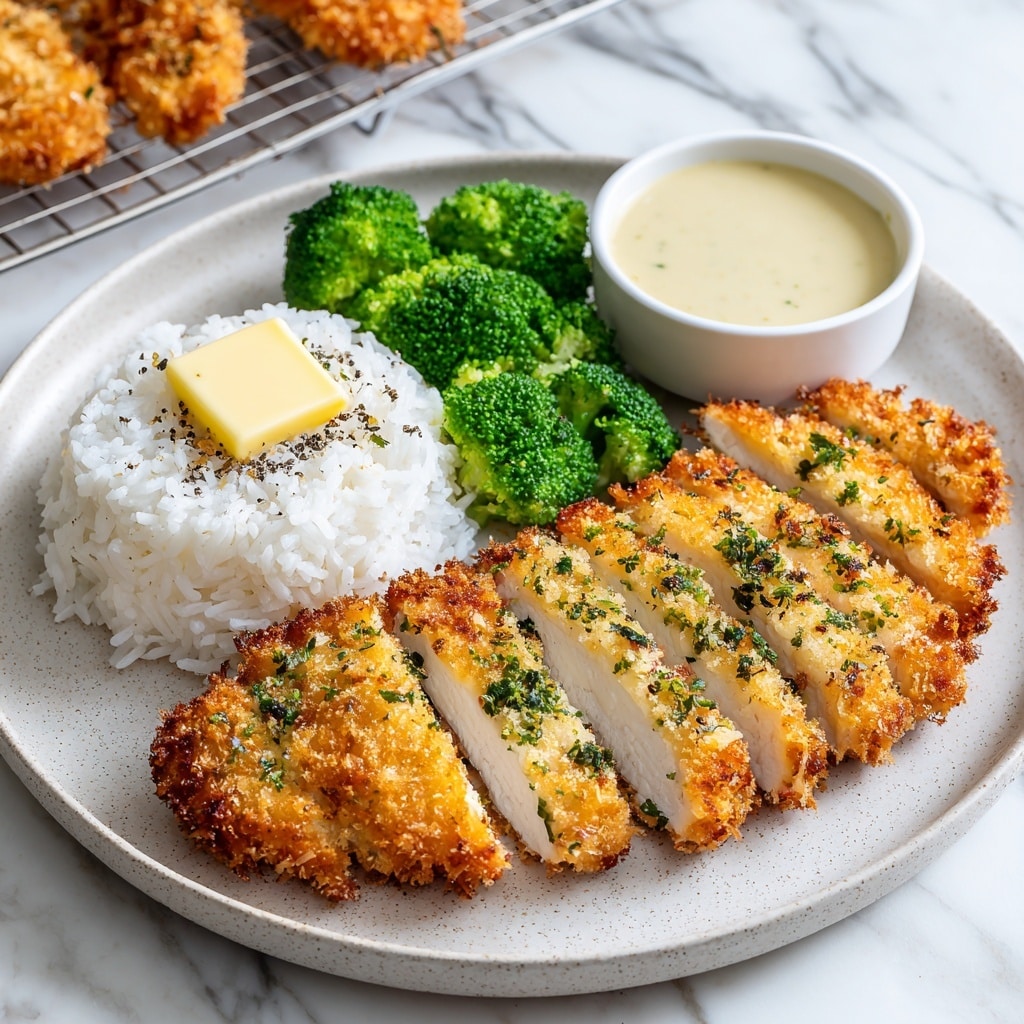 On a white plate with a light speckled texture, there is a serving of golden-brown crispy chicken cut into six even slices arranged horizontally on the right side, showing a crunchy breadcrumb coating with visible green herbs. Next to the chicken, on the left side, is a small pile of white rice with a square pat of melting butter sprinkled with black pepper on top. Above the rice, several bright green steamed broccoli florets are placed close together, with a small white bowl of creamy light beige sauce positioned at the top center of the plate. The plate rests on a white marbled surface, and in the background, there is a cooling rack with two additional pieces of crispy chicken. photo taken with an iphone --ar 4:5 --v 7