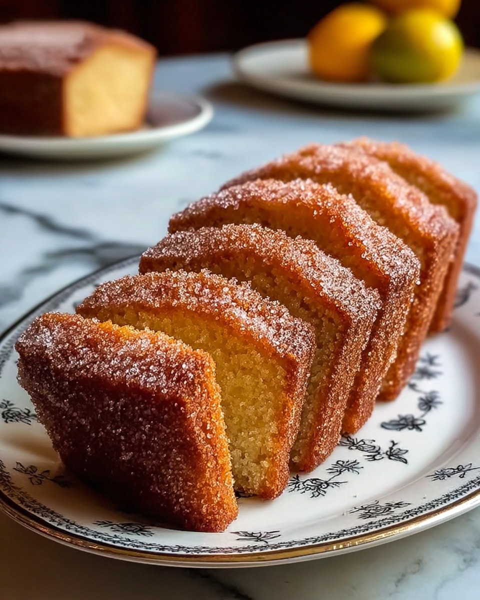 A golden-brown loaf cake is sliced into ten pieces and placed on a white plate decorated with black floral patterns. The cake has a soft texture inside with a slightly darker crust on the sides and more golden top. The top is evenly covered with large sugar crystals, adding a sparkly texture. The plate sits on a white marbled surface with a blurred background showing a white plate with objects and two yellow fruits. photo taken with an iphone --ar 4:5 --v 7