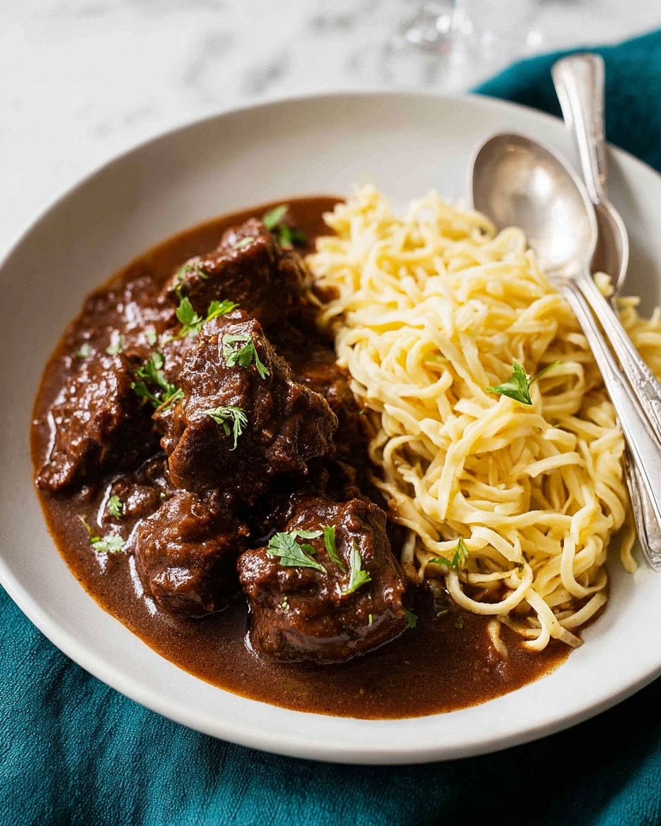 A white plate with a layer of pale yellow thick noodles placed at the bottom right. On top of the noodles is a rich, dark brown beef stew with large chunks of meat covered in thick sauce. The stew is sprinkled with small pieces of fresh green herbs. A silver fork and spoon rest on the right side of the plate, partially on the noodles. The plate is set on a surface with a white marbled texture. photo taken with an iphone --ar 4:5 --v 7