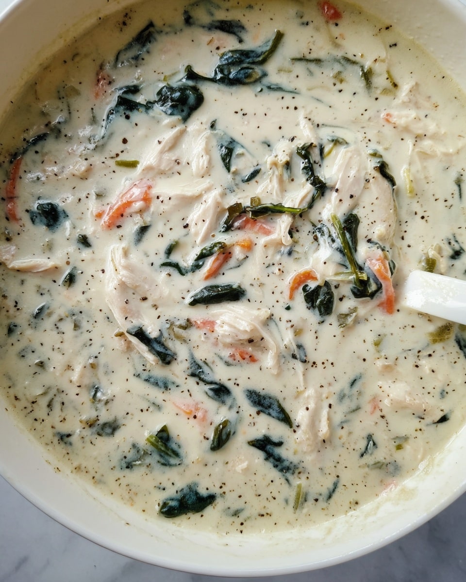 This image shows a thick creamy soup or stew in a white bowl on a white marbled surface. The dish has a smooth white base with visible specks of black pepper and herbs. Mixed through the base are pieces of cooked chicken, strips of dark green spinach leaves, and small bits of orange carrot, creating a colorful contrast. The texture looks rich and slightly chunky, showing the tender vegetables and chicken pieces stirred evenly throughout the creamy broth. A white spoon is partially dipped on the right side of the bowl. photo taken with an iphone --ar 4:5 --v 7