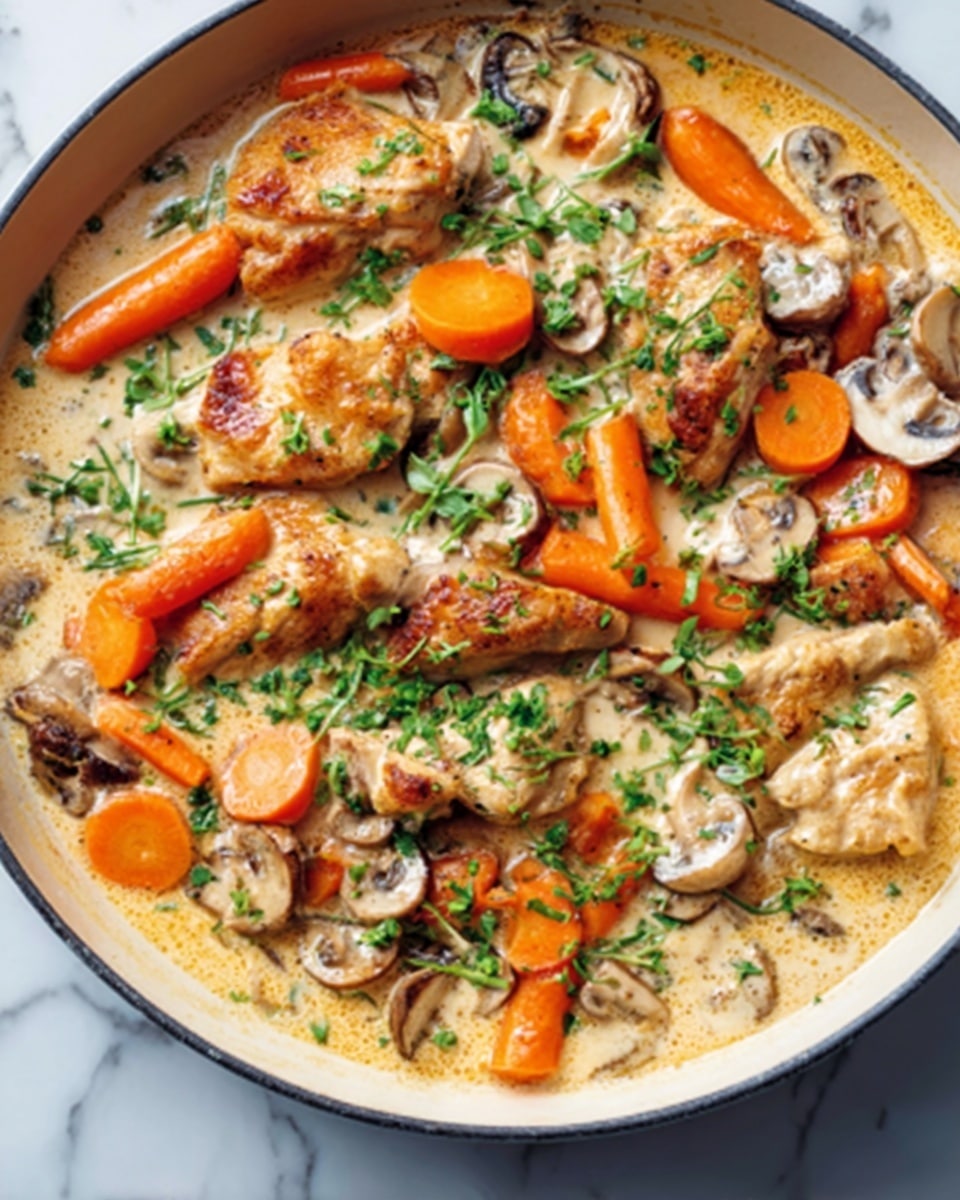 A close-up view of a skillet filled with a creamy dish featuring several pieces of golden-brown chicken cooked in a light beige sauce. The dish includes whole baby carrots and sliced orange carrot rounds scattered evenly throughout. Light brown sliced mushrooms are mixed in, and finely chopped green herbs are sprinkled on top, adding a fresh pop of color. The skillet sits on a white marbled surface. Photo taken with an iphone --ar 4:5 --v 7
