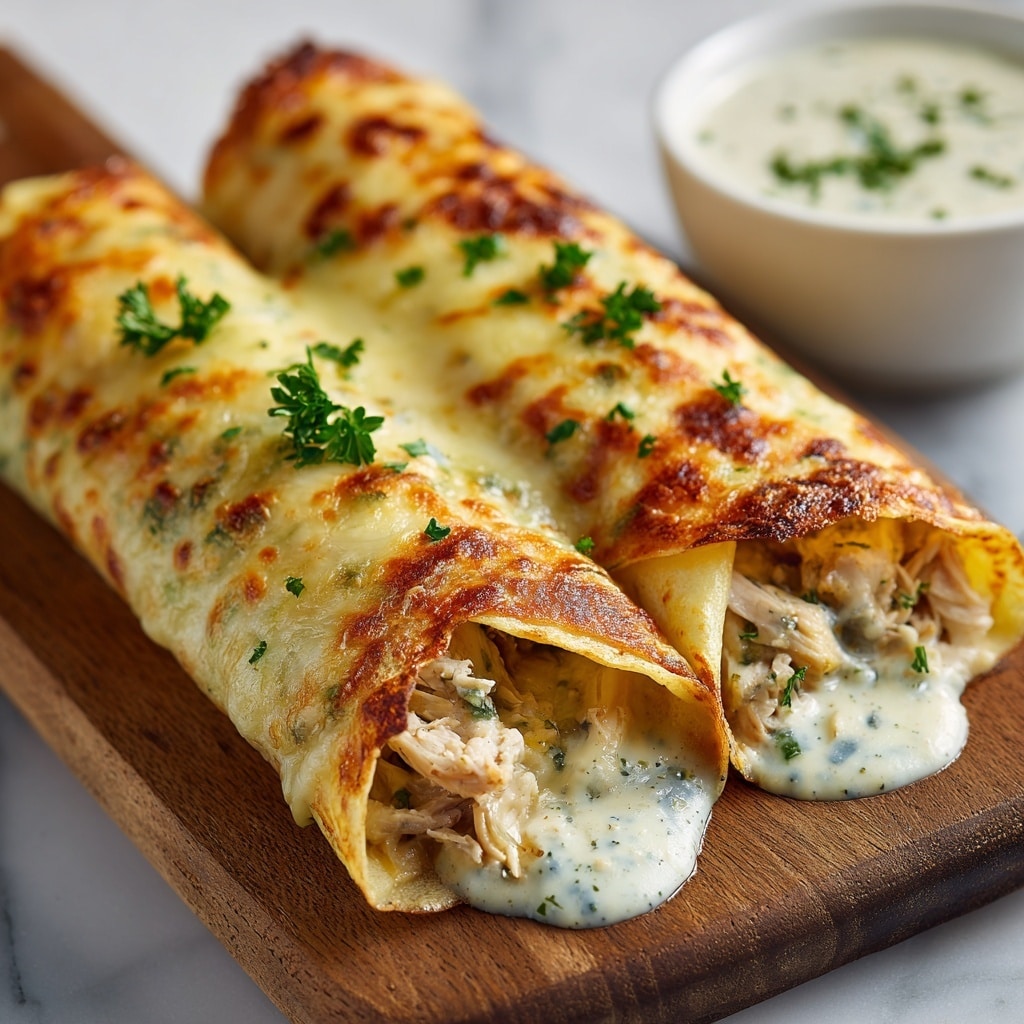 Two rolled crepes are filled with shredded white chicken meat, wrapped tightly, and placed side by side on a wooden board. Each crepe is covered with a thick, melted layer of cheese that is golden brown in spots, giving a slightly bubbly texture. Small green herb leaves are scattered on top and around the crepes, adding a fresh color contrast. The cheese is smooth and creamy, with some of it oozing down the sides of the crepes. The background features a blurred white marbled texture. photo taken with an iphone --ar 4:5 --v 7