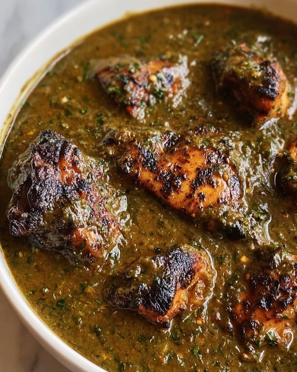 The dish shows several pieces of dark brown grilled chicken submerged in a thick, greenish-brown sauce. The sauce has a slightly chunky texture with visible bits of herbs and spices throughout. The chicken pieces have grill marks and a crisp, slightly charred surface. The dish is served in a white bowl placed on a white marbled surface. photo taken with an iphone --ar 4:5 --v 7