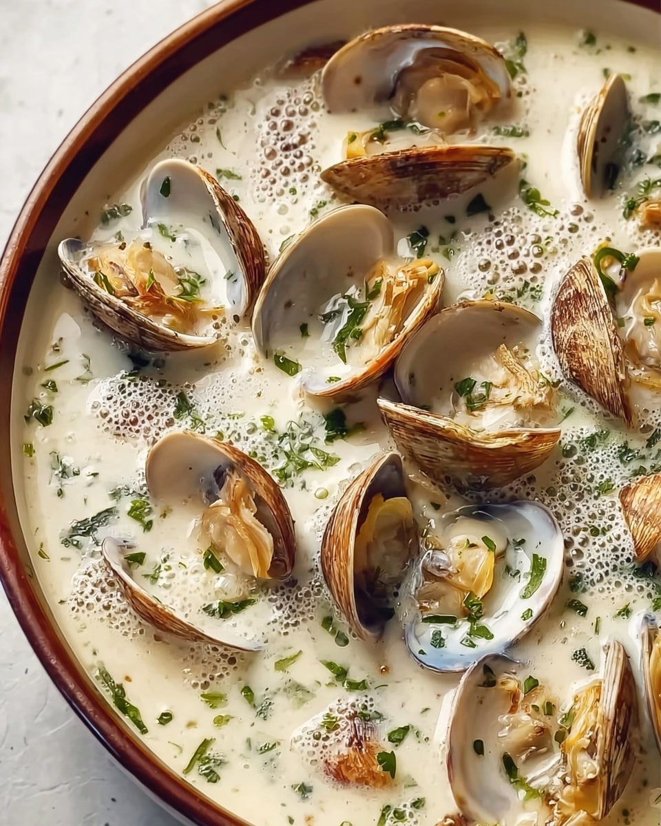 A close-up view of a bowl filled with creamy white chowder soup containing many open clam shells, some showing the clam meat inside. The clamshells are light brown with darker stripes and sit on top of the thick, smooth cream broth. The chowder is sprinkled with small green herbs, adding a fresh look. The bowl itself is white with a thin brown rim. The image has a soft, inviting texture and the background is a white marbled surface. Photo taken with an iphone --ar 4:5 --v 7