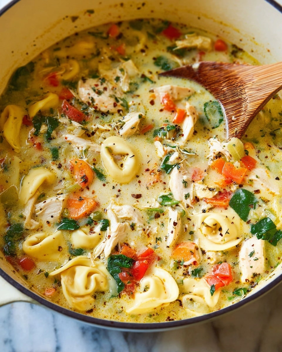 A close-up top view of a large white pan filled with creamy soup that has three main layers: a yellowish creamy broth base with visible spices and herbs mixed throughout, a middle layer with slices of orange carrot rounds and red bell peppers, and a top layer with white tortellini pasta pieces and shredded chicken chunks spread evenly. Small bits of green herbs and onion are scattered on the surface, adding specks of color in the creamy soup. The pan is set on a white marbled textured surface, and the edges of the pan are light yellow. photo taken with an iphone --ar 4:5 --v 7