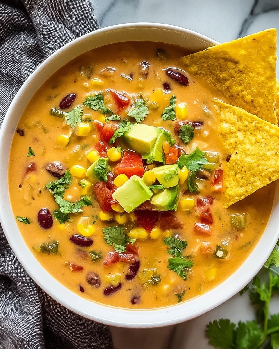A white bowl filled with creamy, orange-tan soup that contains visible pieces of yellow corn, dark red beans, green peppers, and small bits of red tomato. On top, there are chunks of green avocado, bright yellow corn, red diced tomatoes, and fresh green cilantro leaves. Two large yellow tortilla chips are placed on the right side, partially dipped into the soup. The bowl sits on a white marbled surface with a gray cloth visible on the left side. Photo taken with an iphone --ar 4:5 --v 7