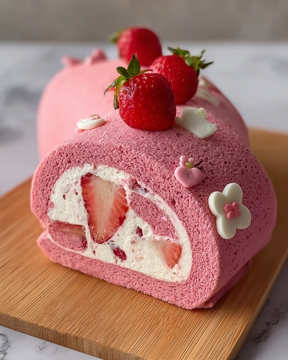A bright pink heart-shaped cake roll sits on a wooden board, showcasing two main layers: the outer sponge layer is smooth and fluffy with a deep pink color, wrapped around a creamy white filling layer with small bits of red fruit spread throughout. The top of the cake is decorated with small white flower shapes and a few small pink heart shapes, with two shiny red strawberries placed on top near the back. The texture of the sponge looks soft and airy, while the cream appears light and slightly fluffy. The scene is set on a white marbled surface. photo taken with an iphone --ar 4:5 --v 7