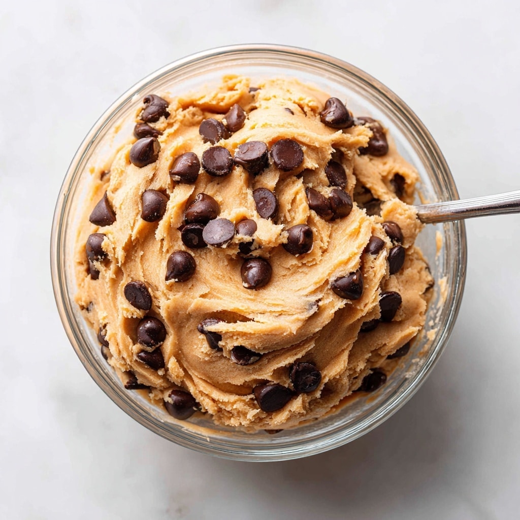A small clear glass bowl filled with a thick, creamy light brown cookie dough mixed with many shiny dark chocolate chips scattered throughout. The dough has a soft, smooth texture with visible folds made by a metal spoon partially submerged in the dough at the right side of the bowl. The bowl sits on a white marbled surface that softly blurs into the background, highlighting the dough's rich texture and the chocolate chips' glossy finish. photo taken with an iphone --ar 4:5 --v 7
