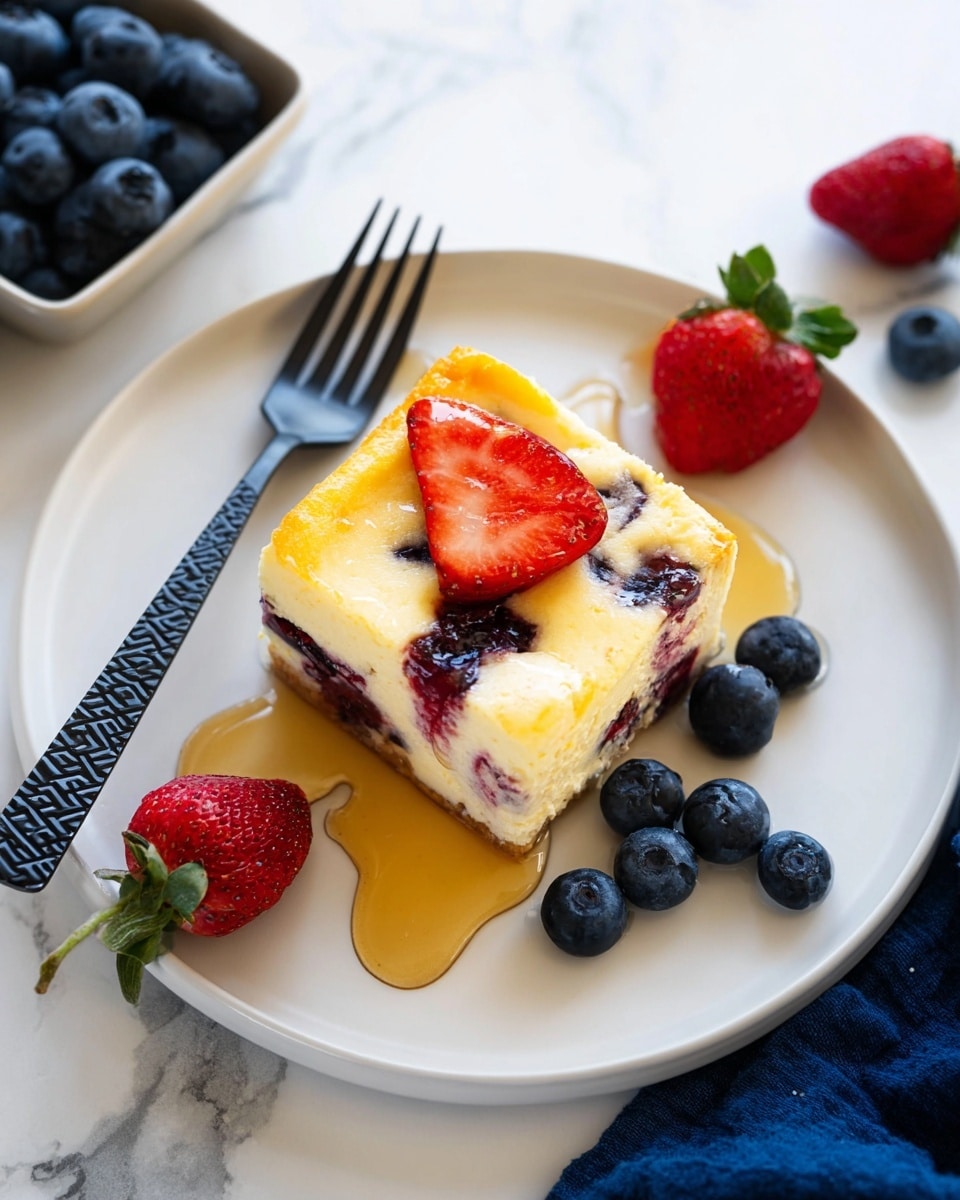 A square baked berry cheesecake bar is shown, cut into nine equal pieces inside a parchment paper-lined baking pan. The cheesecake layer is creamy pale yellow with a slightly golden edge and smooth texture. Scattered on top are mixed berries including sliced red strawberries, whole red raspberries, and dark blue blueberries, some slightly sunken with their juice slightly blending into the cheesecake, giving subtle purple and red hues. The pan sits on a white marbled surface with a hint of a white cloth at the corner. Photo taken with an iphone --ar 4:5 --v 7