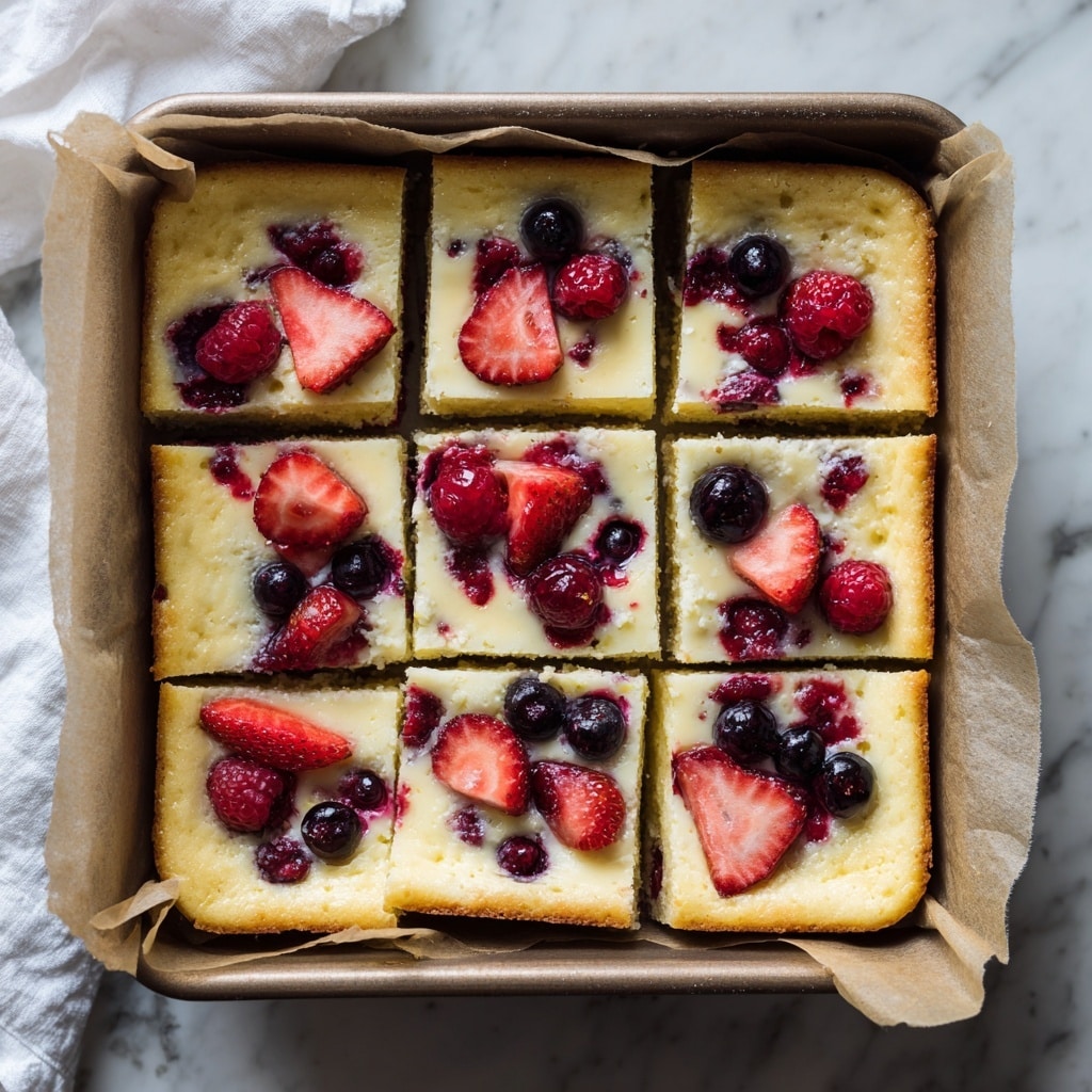 A square piece of creamy yellow cheesecake with visible blueberries and a strawberry slice inside sits on a white plate. The cheesecake is drizzled with golden syrup that pools around it. Around the cheesecake, there are three whole red strawberries with green leaves and a cluster of fresh blueberries. A dark textured fork rests on the left side of the plate. The background shows a white marbled surface with a container of blueberries at the upper left and a navy blue cloth at the bottom right. Photo taken with an iphone --ar 4:5 --v 7