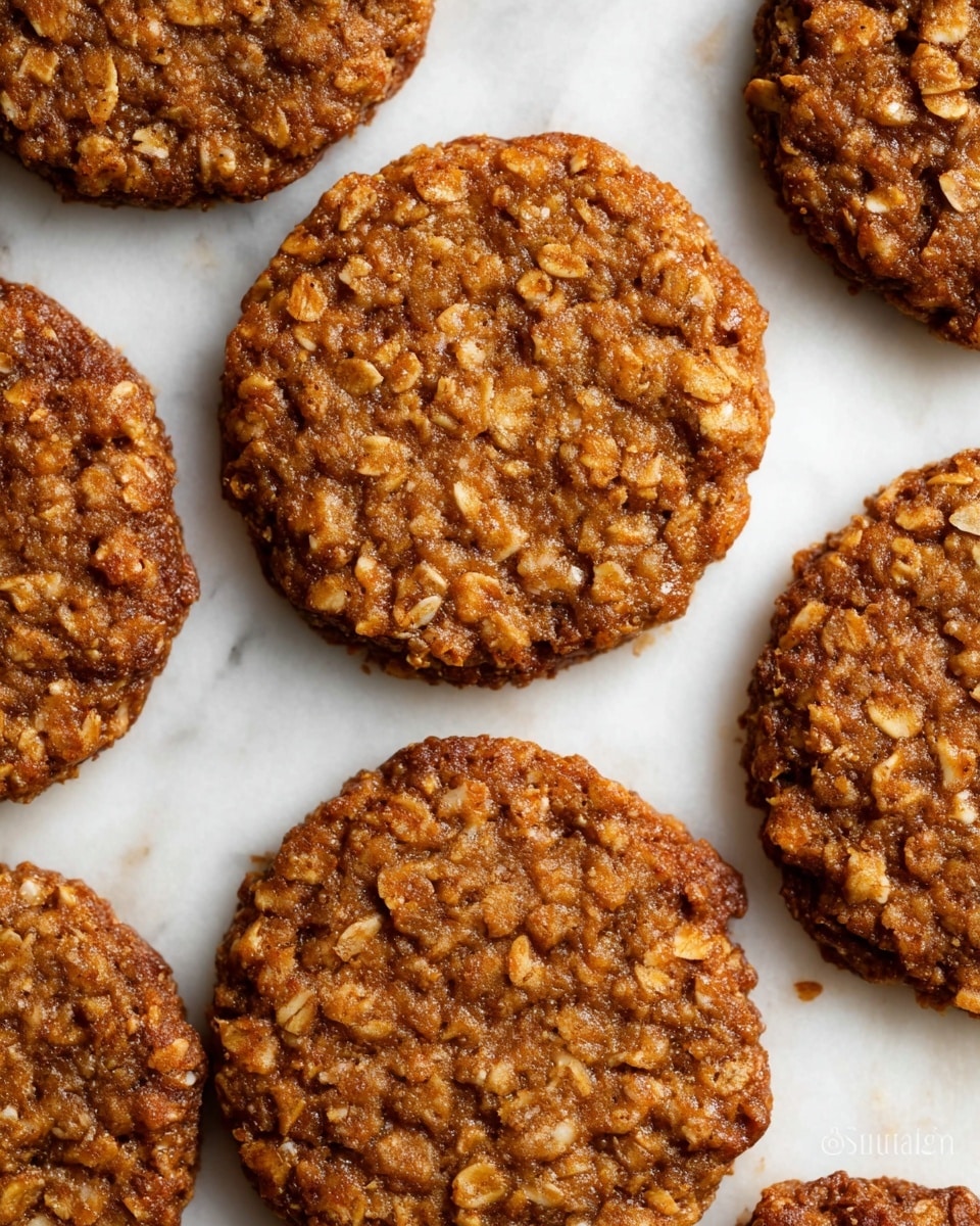The image shows a close-up of several round oatmeal cookies on a white marbled surface. Each cookie has a rough texture with visible bits of oats and small clusters, giving a chunky, uneven look. The cookies are a rich golden-brown color, evenly baked with a slightly glossy and moist appearance. They are arranged in rows with some cookies partly cut off by the frame edges. Photo taken with an iphone --ar 4:5 --v 7