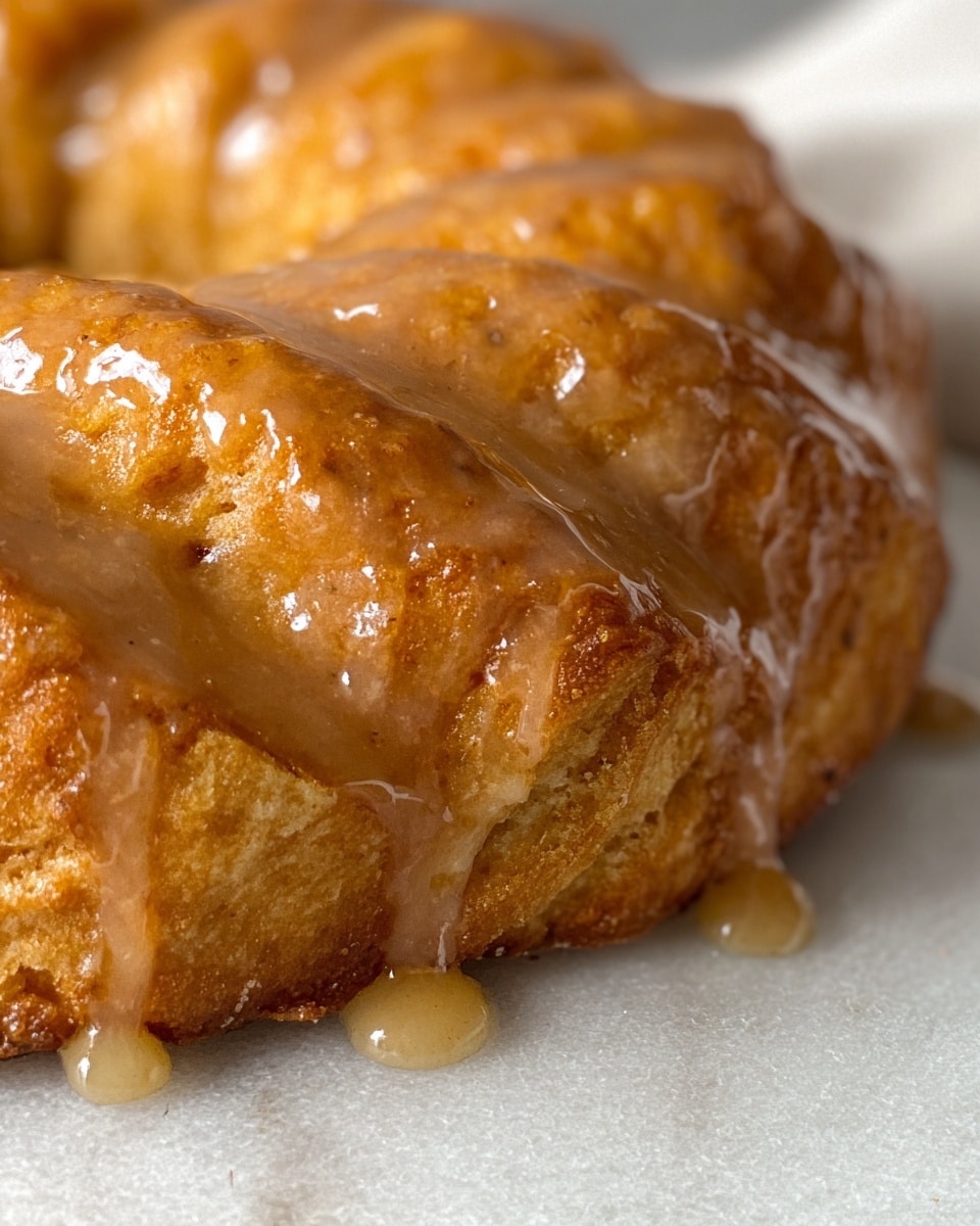 A round pastry divided into eight triangular slices arranged in a circle on white parchment, each slice showing a golden-brown, slightly crumbly texture. The top of the pastry is covered with a thick, glossy honey-colored glaze that drips around the edges and onto the parchment. The background features a white marbled surface, and a white cloth with green floral designs is partially visible on the left side. photo taken with an iphone --ar 4:5 --v 7