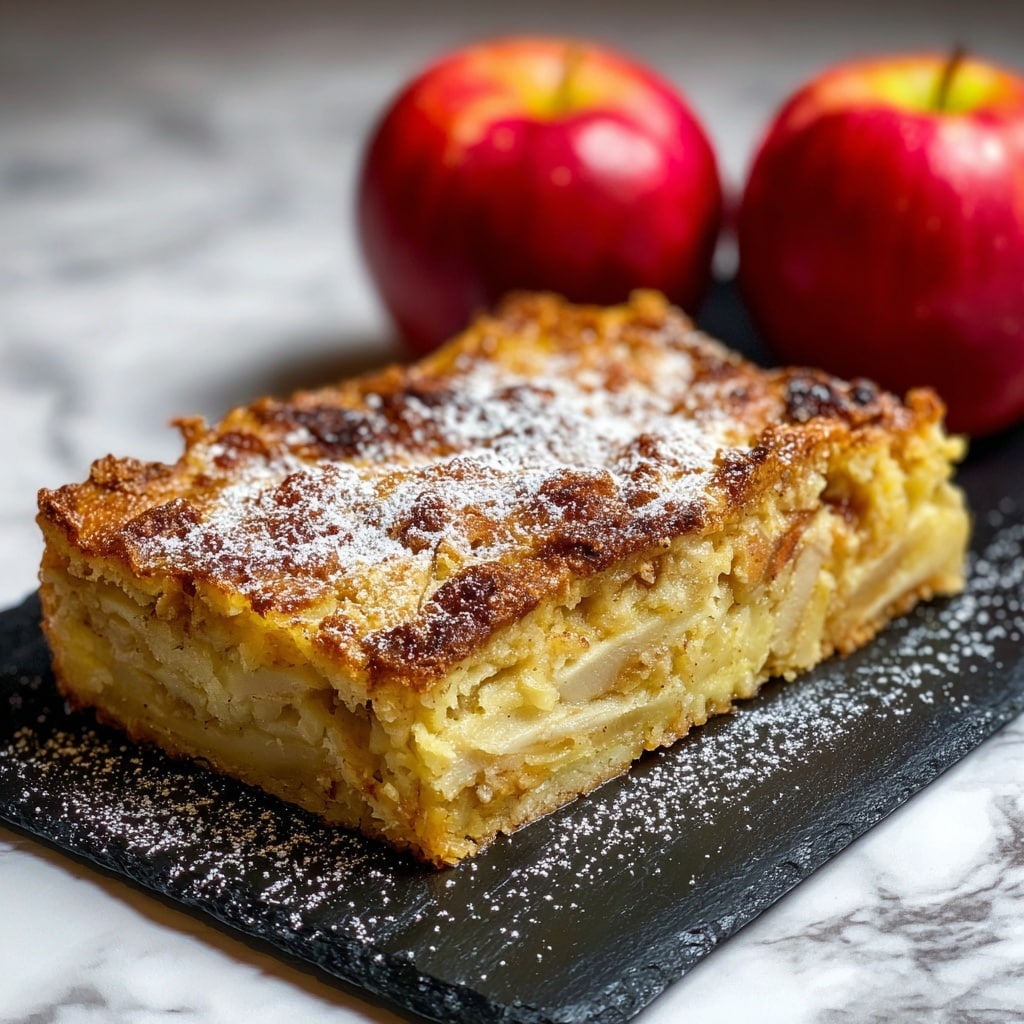A rectangular slice of golden brown baked apple dessert with a slightly crispy and uneven top layer sprinkled with white powdered sugar sits on a black serving board, with two red apples positioned blurred in the background. The dessert appears dense with visible thin apple slices integrated into the layers. The surface beneath the board is a white marbled texture. photo taken with an iphone --ar 4:5 --v 7