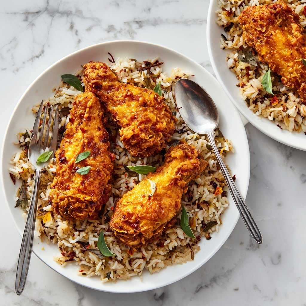 The image shows a white plate with a greyish-green border holding a dish made of two pieces of fried chicken with a golden crispy texture on top. The chicken rests on a bed of yellowish rice mixed with small bits of red and brown spices. A white marbled surface holds the plate, with a silver fork to the left and a spoon with two fresh green mint leaves beside it. The background includes a white plate with more fried chicken and rice partially seen at the top right. photo taken with an iphone --ar 4:5 --v 7