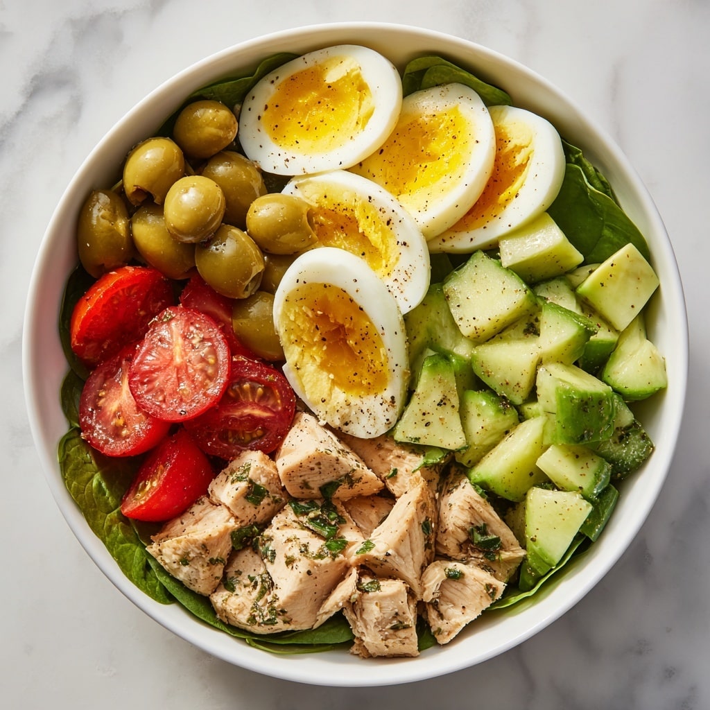 A white bowl filled with fresh layered salad on a white marbled surface. The first layer is dark green spinach and cucumber slices covering the bottom. On top, there are avocado chunks in bright green and pale yellow, along with halved red cherry tomatoes. Next, there are chopped boiled eggs with white and vibrant orange yolks, sprinkled with ground black pepper. Grilled pieces of golden-brown chicken are spread over the salad, with green olives placed on top, adding a glossy texture. The ingredients are evenly mixed and seasoned with black pepper, making the salad look healthy and colorful. Photo taken with an iphone --ar 4:5 --v 7