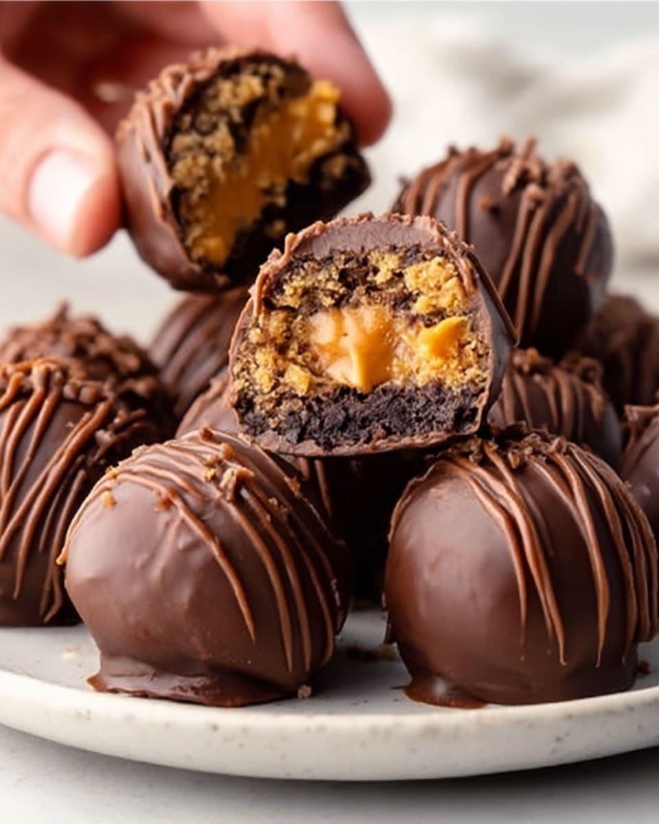 The image shows several round truffles placed closely together on a white plate with a white marbled surface background. Each truffle has a shiny dark chocolate outer layer with thin, smooth chocolate drizzle on top, giving a textured look. One truffle is cut in half in the front, exposing three inner layers: a crunchy dark brown cookie-like base, a thick soft orange caramel middle, and a mix of chocolate and caramel that looks slightly chunky with a moist texture. A woman's hand holds one truffle near the top left corner, lifting it slightly to show the inside. photo taken with an iphone --ar 4:5 --v 7