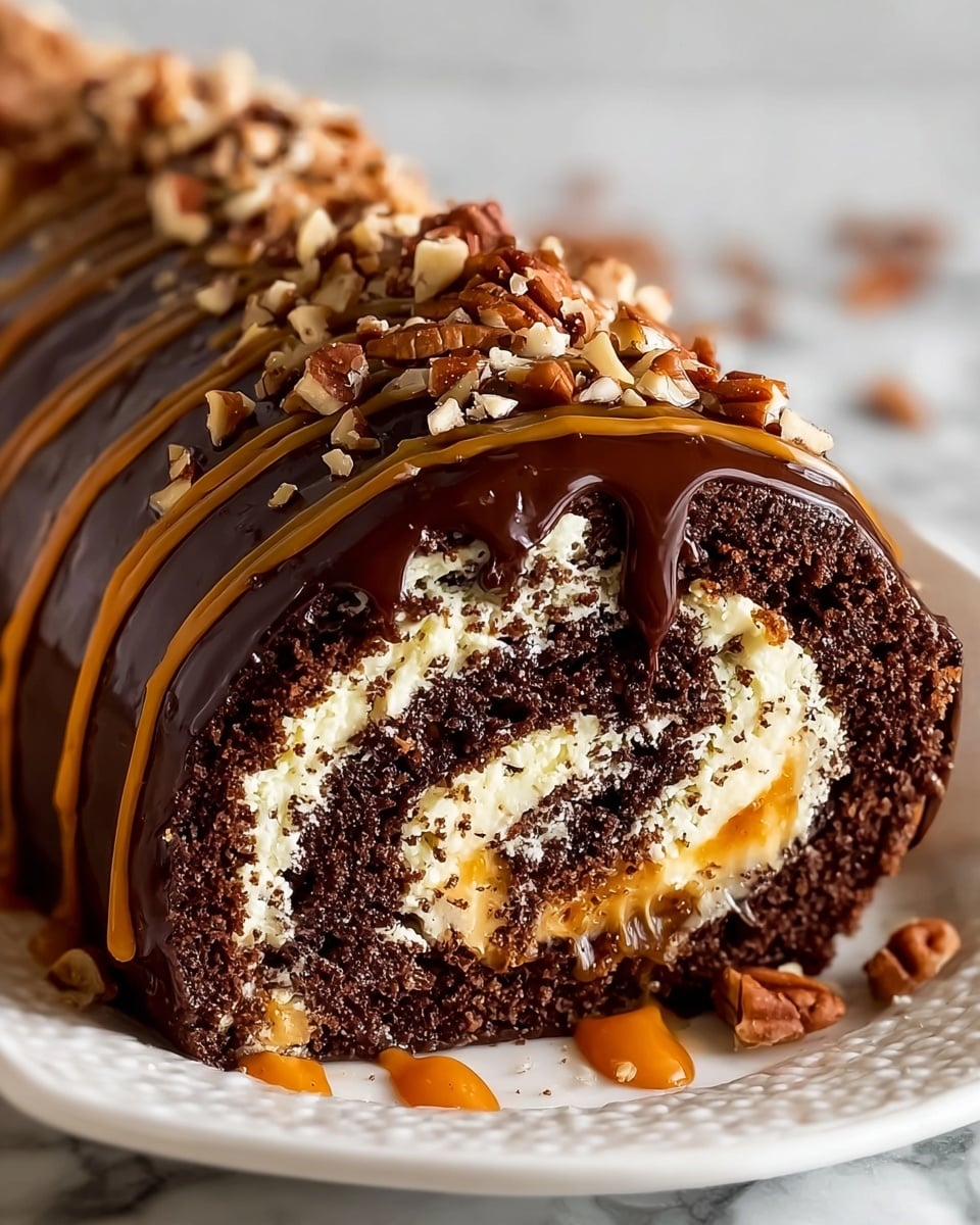 A rich chocolate roll cake is sliced to show about four visible layers, alternating between dark brown soft cake and creamy light yellow filling that appears fluffy and smooth, with small caramel bits inside the cream. The roll is covered in a glossy dark chocolate ganache with thick caramel sauce dripping down the sides. The top is decorated with chopped nuts in cream and caramel, and a few whole pecans add texture. The cake sits on a wooden board with caramel pooling around the base, set against a white marbled background. Photo taken with an iphone --ar 4:5 --v 7