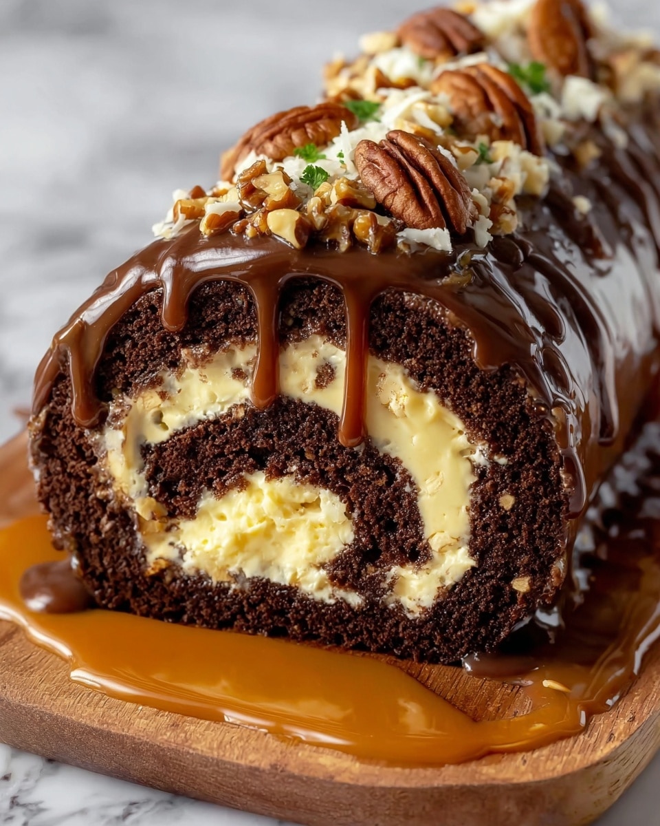 A close-up of a rolled cake with several layers, starting from a dark chocolate outer sponge layer, followed by a creamy white filling with visible swirls of caramel inside. The roll is coated with a thick, shiny dark chocolate glaze on top that drips slightly down the sides. There are thin lines of caramel drizzled over the chocolate glaze. The top of the cake is sprinkled with chopped pecans, adding a crunchy texture. The cake is resting on a white plate with a subtle pattern, placed on a white marbled surface. Photo taken with an iphone --ar 4:5 --v 7