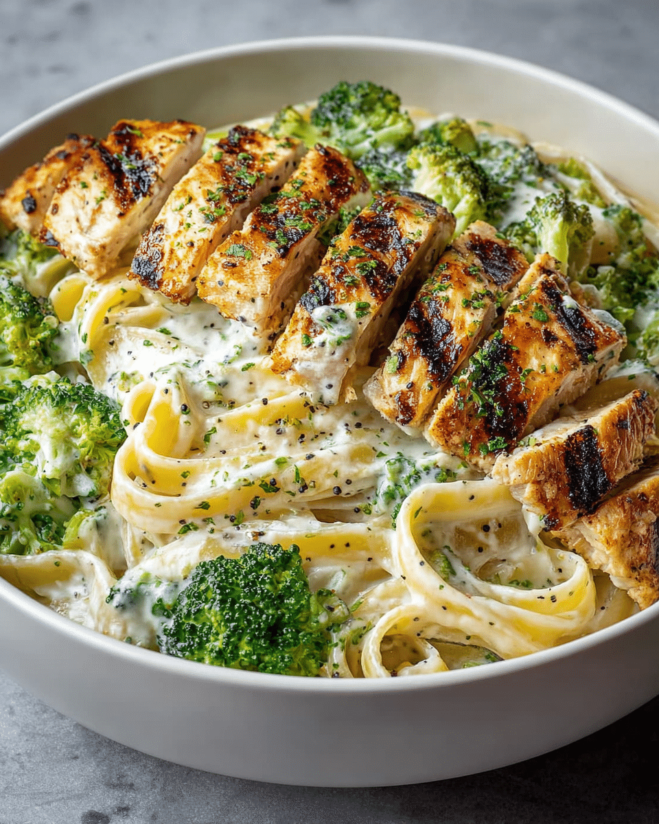 A white bowl contains a creamy pasta dish with three clear layers: the bottom layer is thick fettuccine noodles coated in a white creamy sauce with small black pepper spots, the middle layer features bright green broccoli florets mixed in the pasta, and the top layer is made of grilled chicken strips with char marks and sprinkled green herbs, all sitting on a white marbled surface. photo taken with an iphone --ar 4:5 --v 7