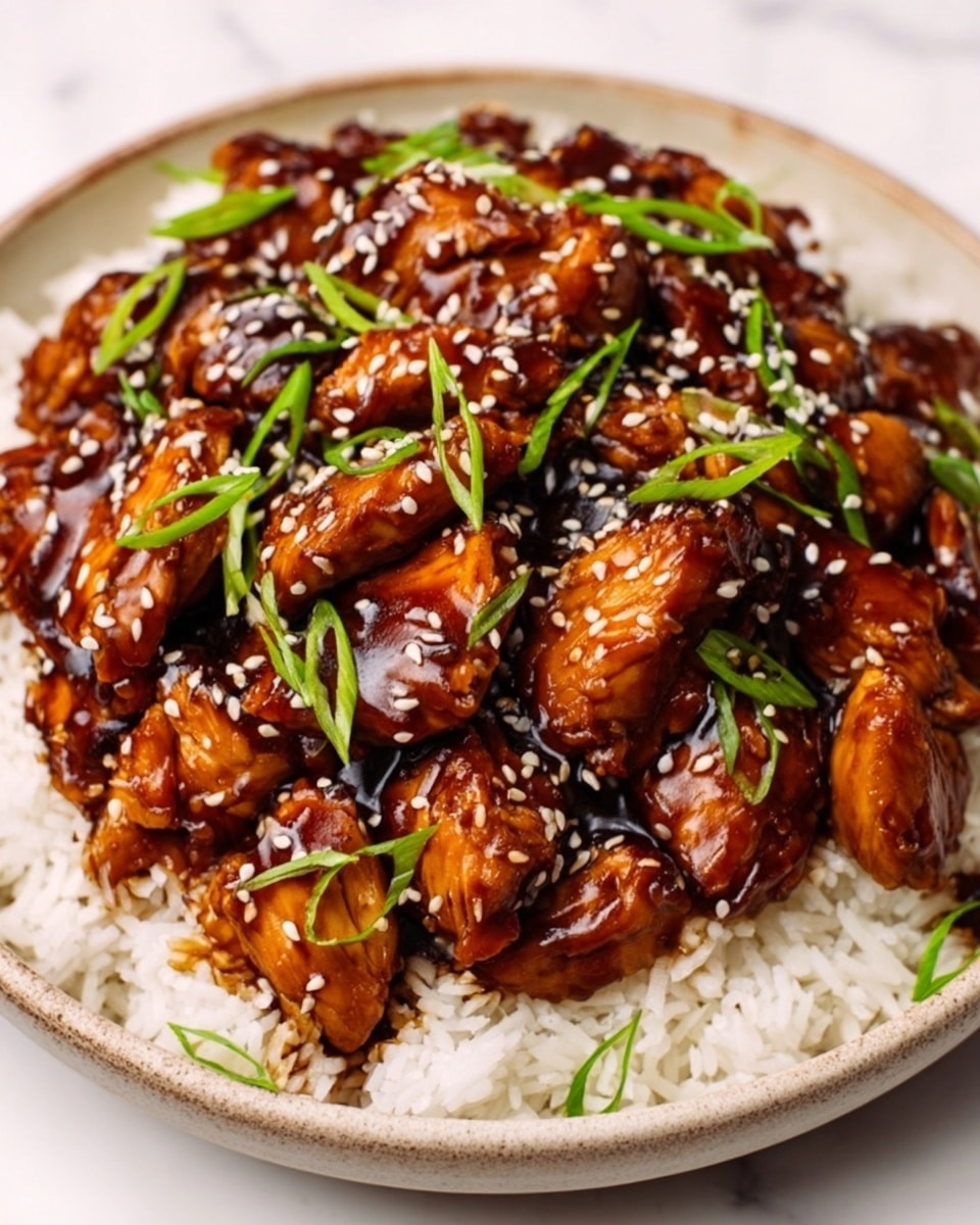 The image shows a black clay pot filled with glossy, dark brown pieces of chicken coated in a thick sauce. The chicken pieces are garnished with white sesame seeds and small green onion slices, adding specks of white and bright green across the surface. The pot is set on a white marbled surface with small bowls nearby containing chopped green onions, white rice, and yellow pickles, adding subtle pops of white and yellow around the main dish. photo taken with an iphone --ar 4:5 --v 7