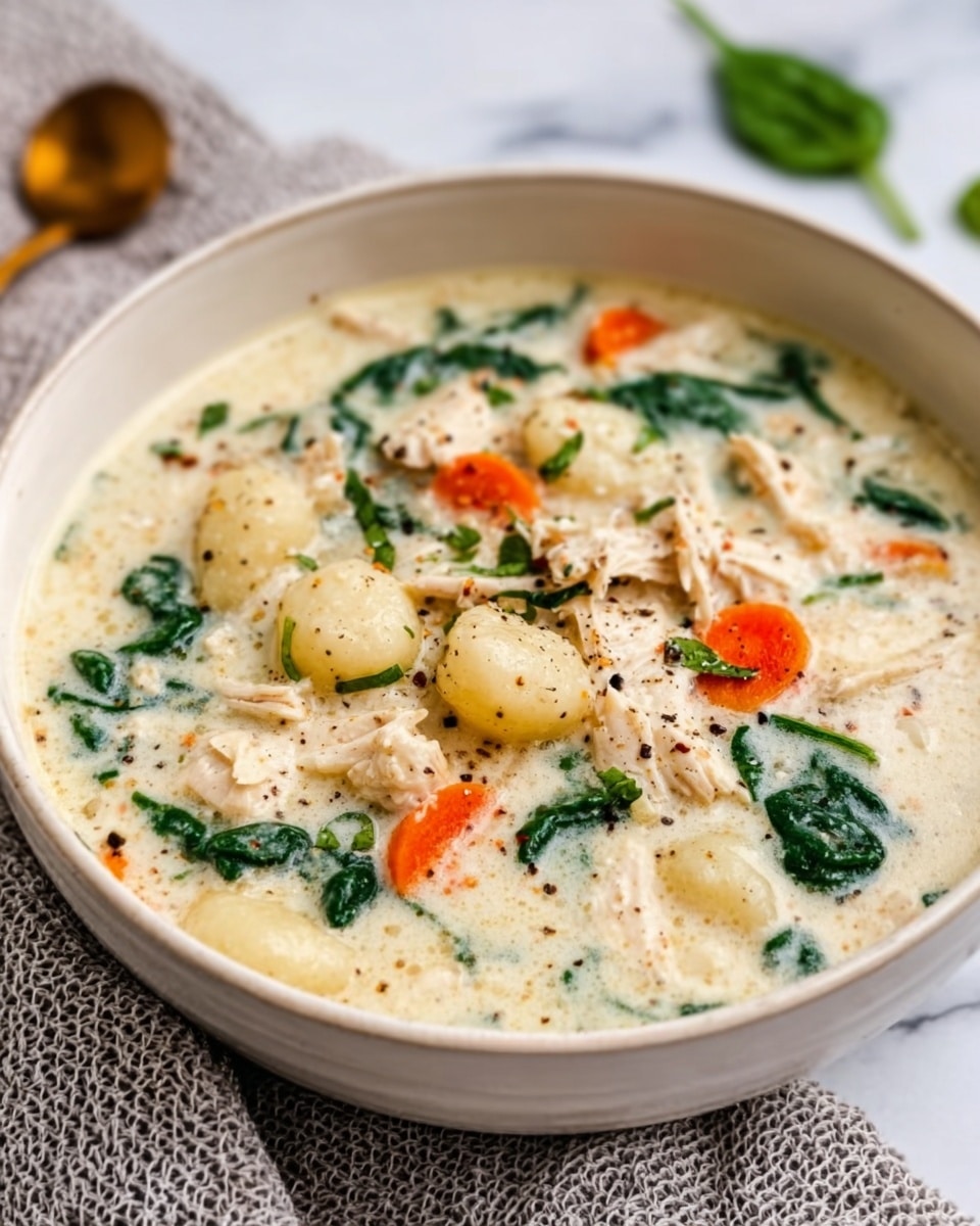 A white bowl filled with a creamy soup that has three clear layers: the base is a smooth, off-white creamy broth; floating within this are small, thick gnocchi pieces, pale yellow and slightly soft in texture; spread evenly on top are shredded chicken pieces that are white with a tender look, along with dark green spinach leaves and thin slices of bright orange carrot. The dish is lightly sprinkled with black pepper and looks warm and rich. The bowl sits on a white marbled surface. photo taken with an iphone --ar 4:5 --v 7