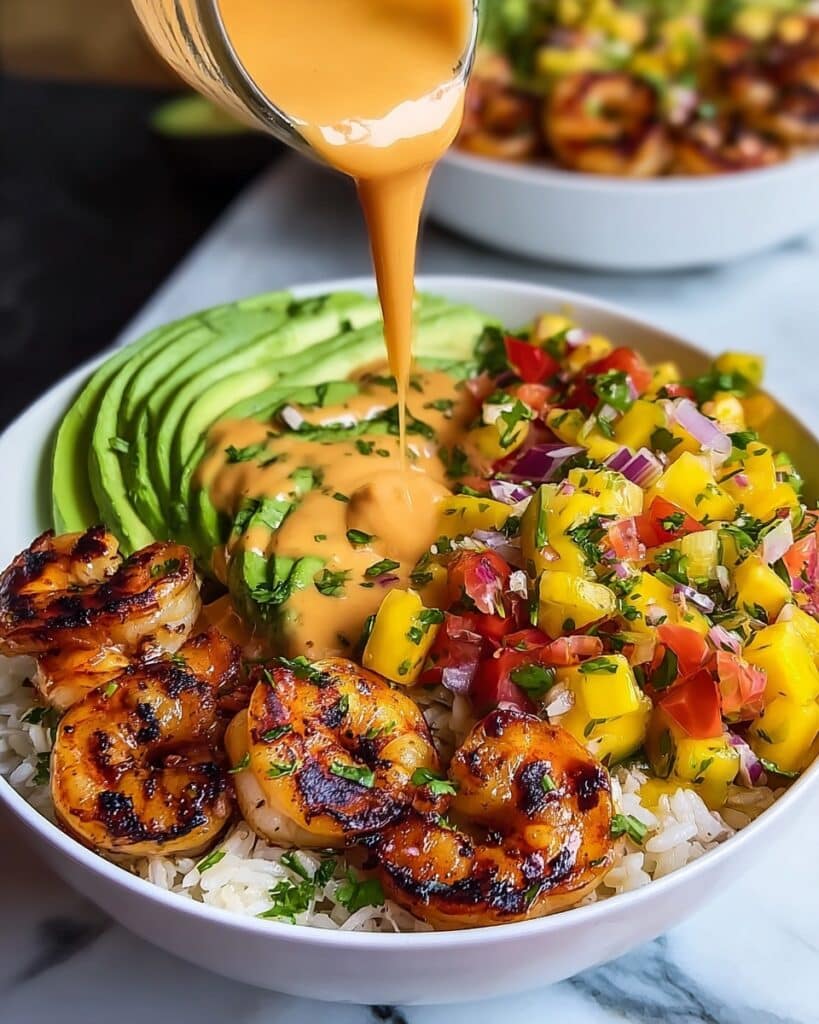 Mediterranean Shrimp and Avocado Bowls with Mango Salsa & Lime-Chili Sauce Recipe