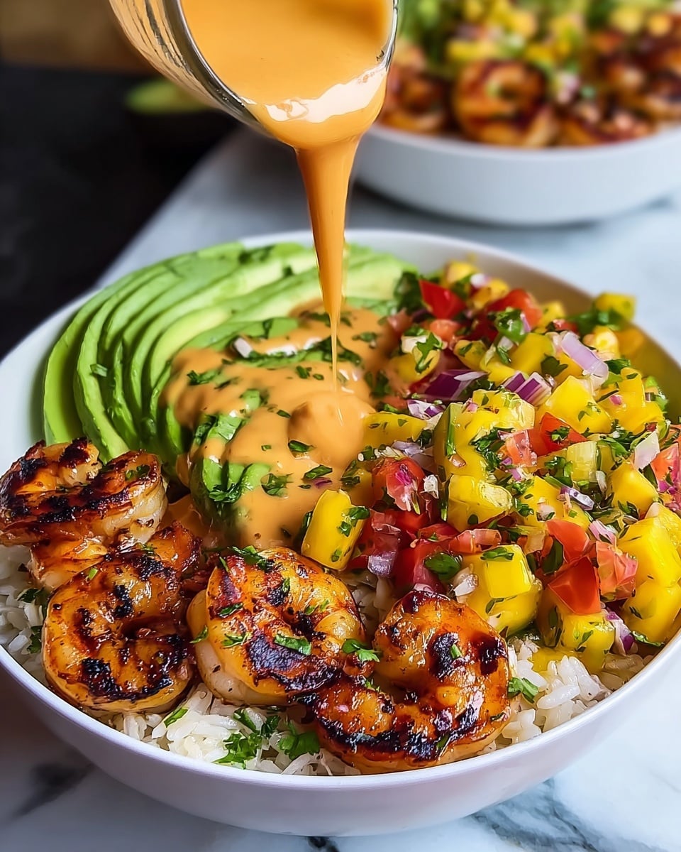 A white bowl filled with layers starting with a base of white rice at the bottom, topped with grilled shrimp that have a golden-brown char and a slight blackened texture. Next to the shrimp is a colorful mango salsa layer with diced yellow mango, red tomatoes, green herbs, and purple onion bits. To the side, thinly sliced avocado is neatly fanned out, showing vibrant green tones. A creamy orange sauce is being poured over the center of the bowl from above, slightly covering the shrimp and salsa. The background shows a white marbled surface and a blurred second bowl with similar ingredients. Photo taken with an iphone --ar 4:5 --v 7
