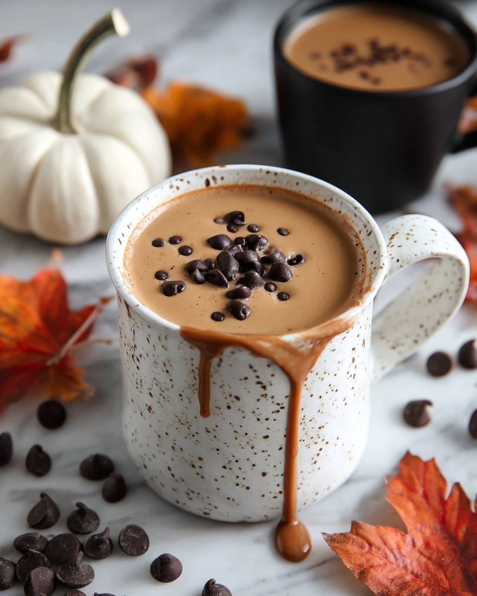 A white speckled mug filled with light brown hot chocolate overflowing slightly, with thick drips running down the sides of the mug. On top of the drink, there is a small pile of dark chocolate chips and a sprinkle of cocoa powder. The mug sits on a white marbled surface scattered with more dark chocolate chips and cocoa bits. In the background, there is a black mug filled with hot chocolate, an orange pumpkin, and red autumn leaves adding a warm, cozy feel to the scene. Photo taken with an iphone --ar 4:5 --v 7