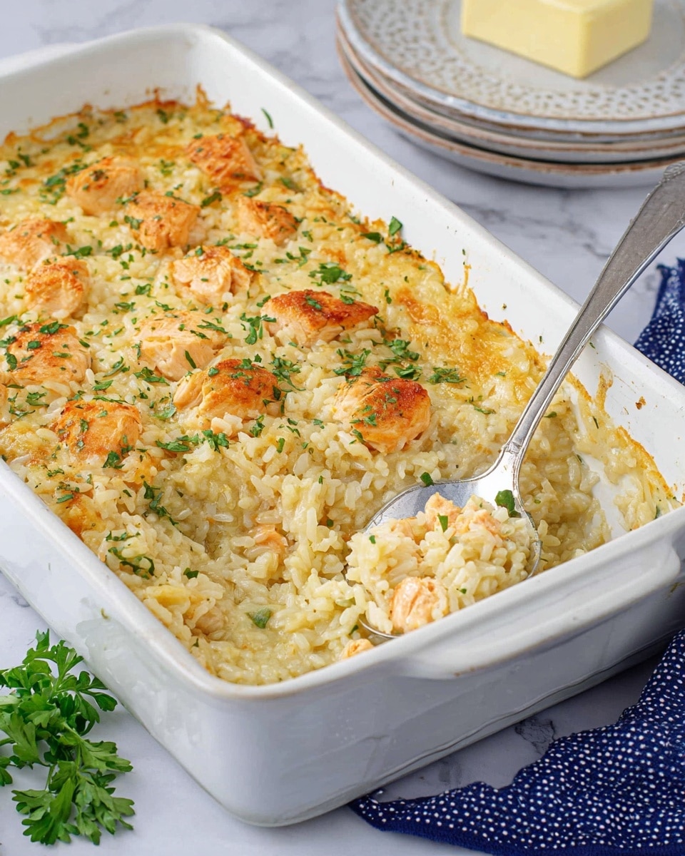 A white rectangular baking dish filled with a creamy baked chicken and rice casserole. The casserole has a top layer of browned chicken pieces, seasoned with a light orange spice, placed evenly across the surface. Underneath the chicken, there is a thick layer of creamy rice that looks soft and cooked through. Garnished with small green herb pieces scattered on top, the dish is slightly bubbling around the edges showing a golden baked texture. A silver spoon is scooping a portion from one corner, revealing the thick, creamy rice beneath the chicken. The dish sits on a white marbled surface with part of a blue cloth with white dots and some green leaves visible in the background. photo taken with an iphone --ar 4:5 --v 7