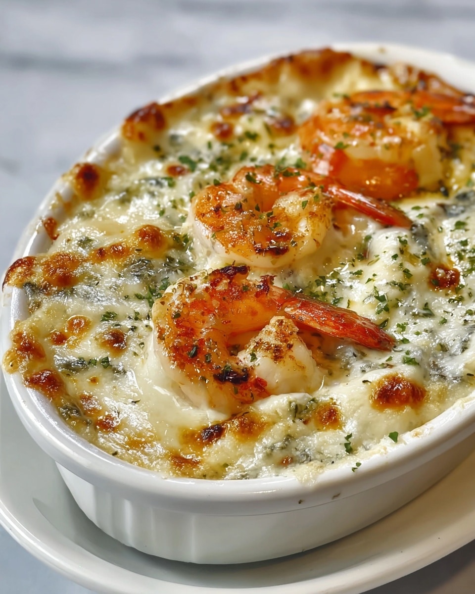 A close-up of a white oval dish filled with creamy baked shrimp gratin, showing three large shrimp on top with golden-brown grilled edges and orange-pink tails, sitting on a thick layer of melted white cheese sauce mixed with green herbs scattered around. The dish has a bubbly, slightly browned surface with small browned spots, and it rests on a matching white plate against a white marbled texture background. photo taken with an iphone --ar 4:5 --v 7