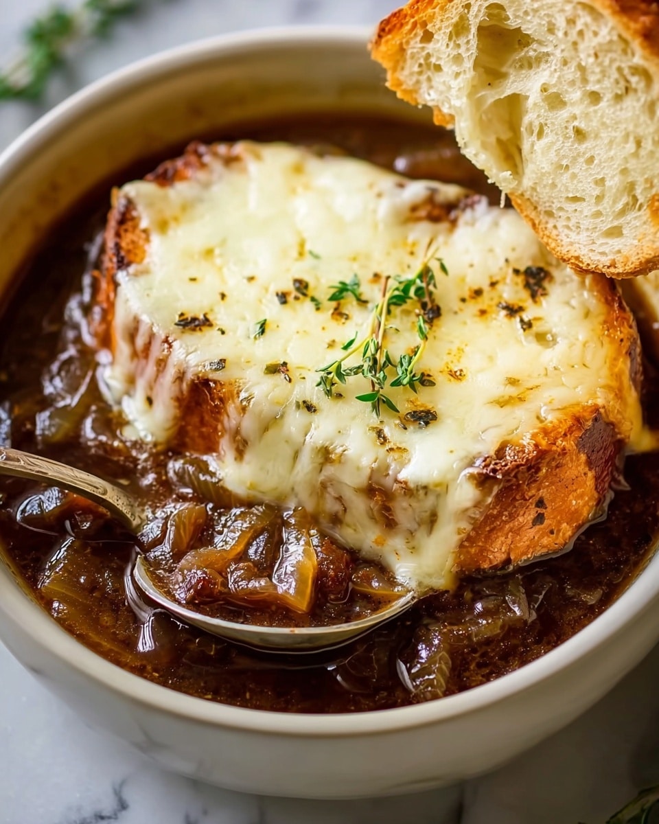 A deep bowl holds a rich French onion soup, featuring a dark brown broth filled with soft caramelized onion slices and chunks of tender browned beef. Sitting on top is a thick round slice of toasted bread layered with melted, golden-brown cheese that covers the bread entirely, with some cheese melting down the sides. A small sprig of green herbs rests gently on the cheese. In the upper right corner, a piece of crusty bread is angled as if about to be dipped into the soup. The bowl is placed on a white marbled surface. Photo taken with an iphone --ar 4:5 --v 7