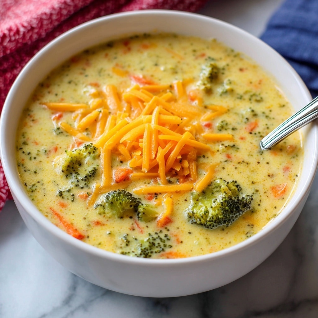 A white bowl filled with creamy broccoli cheese soup, thick with small pieces of green broccoli and bits of orange carrot visible in the pale yellow soup base. On top, there is a pile of shredded bright orange cheddar cheese scattered over the center. The bowl sits on a white marbled surface with a red and white patterned cloth in the background and some green broccoli florets beside the bowl. Photo taken with an iphone --ar 4:5 --v 7