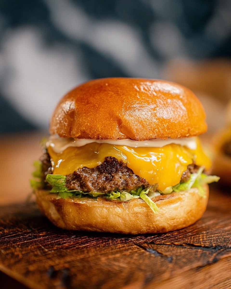 A cheeseburger sits on a dark, cracked wooden surface with four visible layers: at the bottom is a soft, lightly toasted bun; next, shredded green lettuce peeks out; on top of that is a thick, melted layer of golden cheddar cheese that slightly drips over the edges; next comes a juicy, browned beef patty; above the patty is a creamy, white sauce spread thinly; finally, a shiny, golden brown top bun crowns the burger, all layers stacked neatly. The background is blurred with soft light, and the focus is tight on the burger in the foreground. photo taken with an iphone --ar 4:5 --v 7