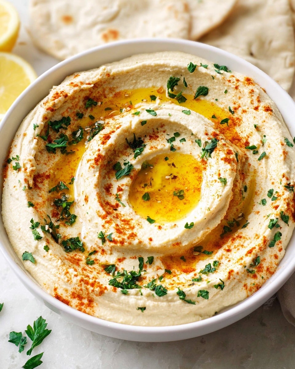 A white bowl holds creamy beige hummus spread in three thick, spiral layers, each layer showing smooth texture with slight ridges. The top layer has a well in the center filled with golden olive oil, sprinkled with bright red paprika and scattered dark green parsley leaves across all layers, adding a fresh color contrast on the light hummus. The bowl rests on a white marbled surface, enhancing the dish's bright and fresh appearance. photo taken with an iphone --ar 4:5 --v 7
