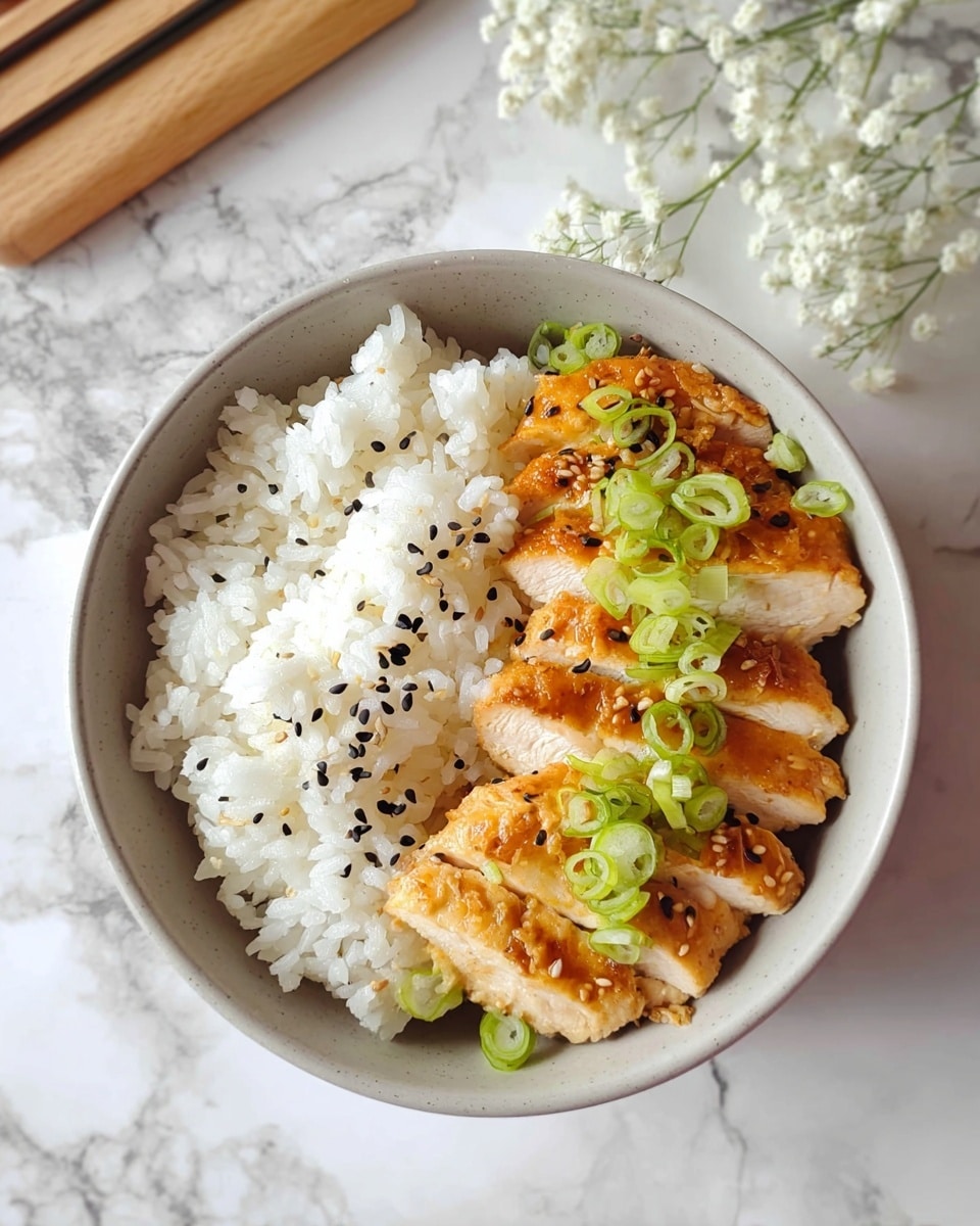 A white bowl containing two main layers: on one side, white cooked rice sprinkled with black sesame seeds, and on the other side, several pieces of golden-brown cooked chicken with a slightly glossy texture, garnished with light green sliced scallions. A pair of dark wooden chopsticks, held by a woman's hand, are lifting a slice of chicken showing the white inside and the golden outside. The scene is set on a surface with a white marbled texture and a partial view of a can with red and white design in the background. photo taken with an iphone --ar 4:5 --v 7