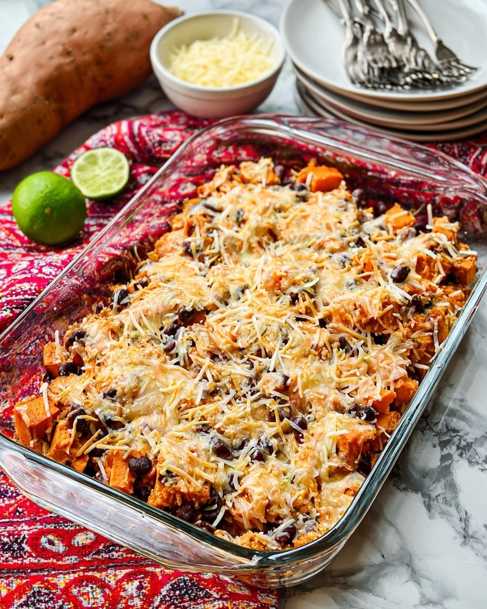 The image shows a clear rectangular glass baking dish filled with a layered casserole that appears to have a mix of orange sweet potato chunks, black beans, and melted cheese on top. The casserole has a textured, slightly browned, and bubbly cheese layer covering the colorful mix beneath, which includes orange pieces and black beans scattered evenly. The dish sits on a red and white patterned cloth on white marbled surface, with a halved lime and an unpeeled sweet potato placed nearby. In the background, there is a small glass bowl with shredded cheese and a stack of white plates along with three forks resting on top. Photo taken with an iphone --ar 4:5 --v 7
