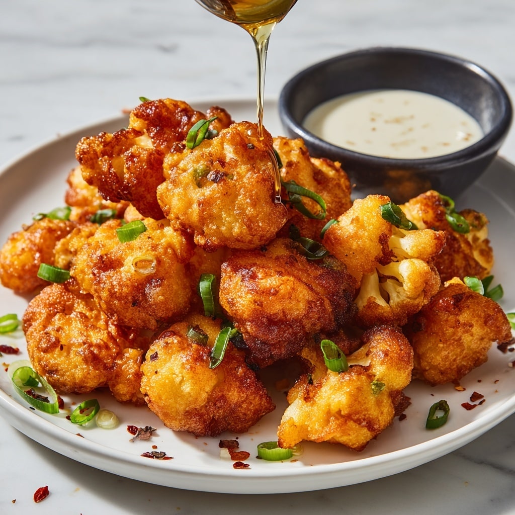 A white plate holds a pile of golden-brown crispy fried cauliflower bites, each piece showing a rough, crunchy texture with some darker fried spots. Bright green sliced scallions are scattered over and around the cauliflower, adding pops of color. On one side of the plate sits a small white bowl filled with creamy white dipping sauce. A thin stream of honey or syrup is being poured over the top cauliflower piece from above, giving a shiny, sticky look. The plate is set on a white marbled surface, with some green scallion bits and red chili flakes lightly sprinkled around. photo taken with an iphone --ar 4:5 --v 7