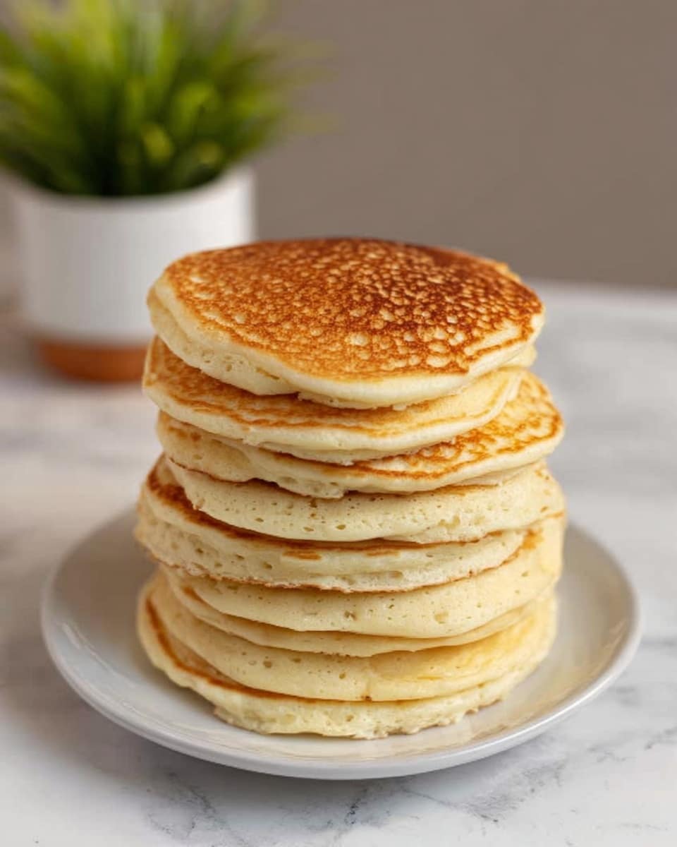 This image shows a tall stack of eight fluffy pancakes placed in the center of a simple white plate. Each pancake is light golden brown with soft, slightly bubbly edges, and they are neatly layered one on top of the other. The background features a white marbled surface with a blurred green plant in a black pot and a white cylindrical object, giving a cozy kitchen feel. The overall look is clean, warm, and inviting. photo taken with an iphone --ar 4:5 --v 7