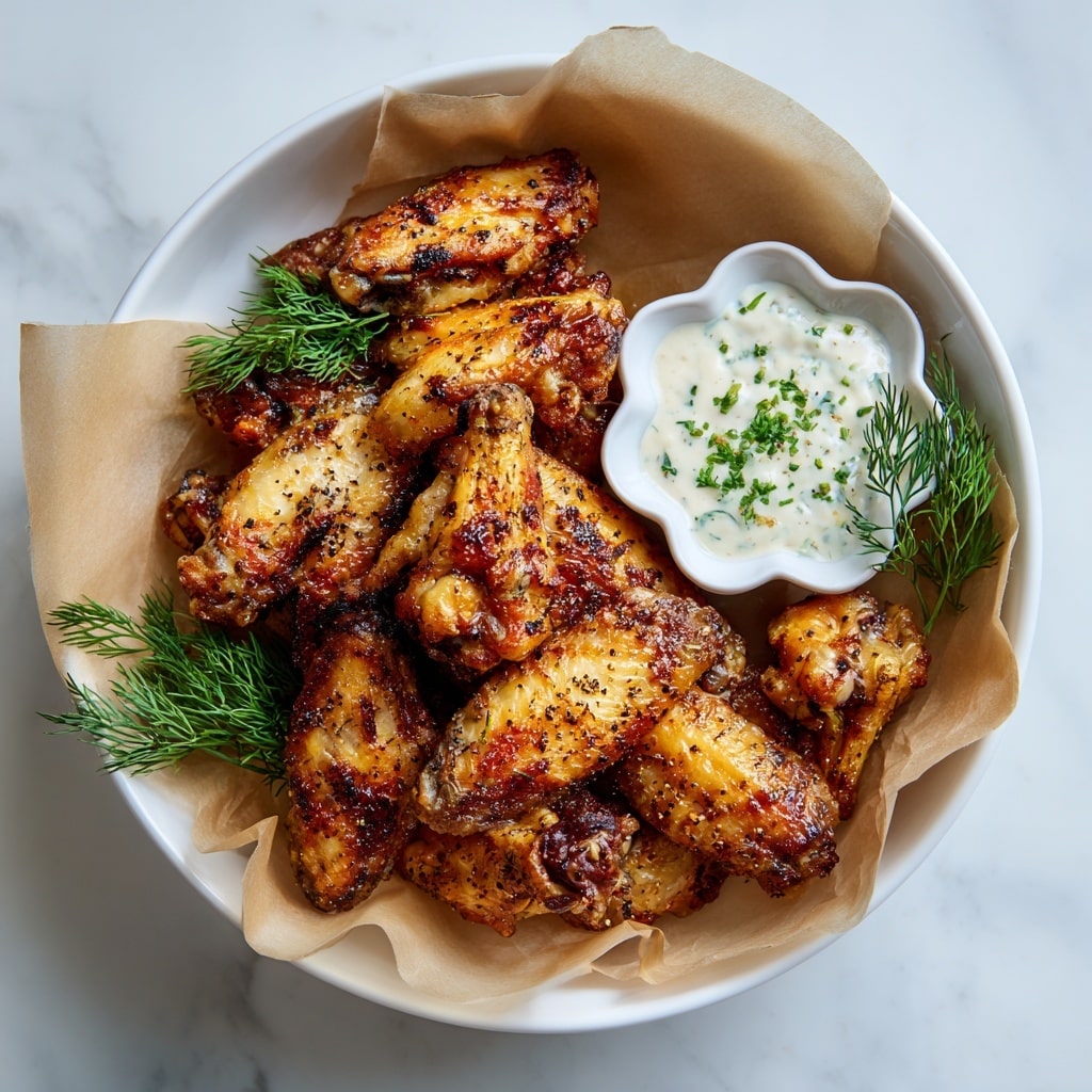 A white bowl lined with light brown parchment paper holds a pile of golden-brown, crispy chicken wings stacked in two layers, showing a textured, slightly charred skin with visible spices. On the right side of the bowl, a small white, scalloped-edge dish contains creamy white ranch dip speckled with green herbs, garnished with fresh dill sprigs. The bowl rests on a white marbled surface. photo taken with an iphone --ar 4:5 --v 7