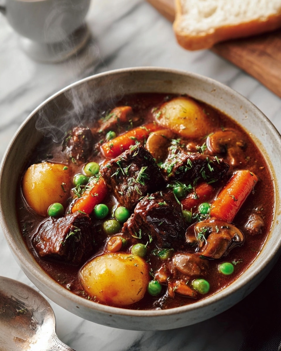 A bowl filled with rich beef stew shows several thick, dark brown chunks of tender meat surrounded by large pieces of golden yellow potatoes, whole baby carrots, bright green peas, and small mushrooms all swimming in a deep brown, glossy broth with a few sprigs of fresh green herbs on top; gentle steam rises from the hot stew, and the bowl rests on a white marbled surface with a silver spoon nearby and a blurred white slice of bread and cup in the background. photo taken with an iphone --ar 4:5 --v 7