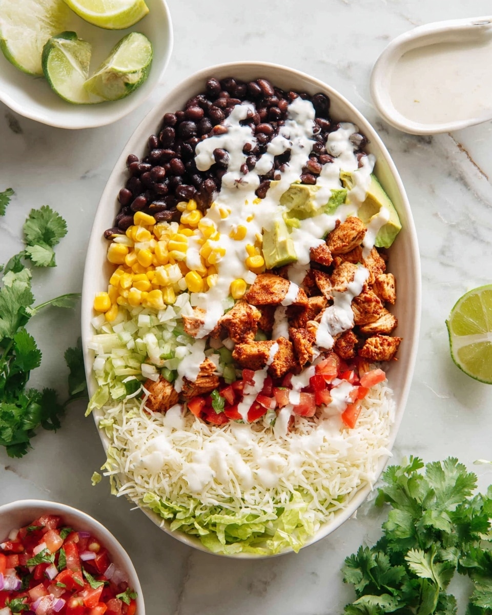 The dish is served in a white oval bowl on a white marbled texture surface. It has seven distinct layers arranged in horizontal rows: at the bottom is shredded green lettuce, followed by a layer of white shredded cheese, then a fluffy layer of white rice. Above that is a layer of seasoned cooked chicken pieces, topped by black beans. Next is a layer of bright yellow corn kernels, followed by a layer of diced avocado and red tomato salsa. The entire dish is drizzled with a creamy white sauce. Surrounding the bowl are lime wedges, a small white bowl of salsa with red tomatoes and onions, some fresh green cilantro leaves, and a white bowl with a spoon containing more creamy dressing. Photo taken with an iphone --ar 4:5 --v 7