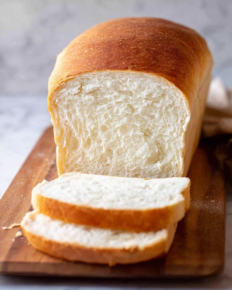 The image shows a loaf of white bread placed on a long wooden board over a white marbled texture. The loaf has a golden brown crust on top with a soft white interior visible at the front where three thick slices have been cut and arranged slightly overlapping each other. The texture of the bread looks soft and fluffy, and the lighting highlights the smooth crust and airy crumb inside. In the background, there is a soft, blurred cloth and a small piece of butter, enhancing the warm and fresh feeling of the scene. Photo taken with an iphone --ar 4:5 --v 7