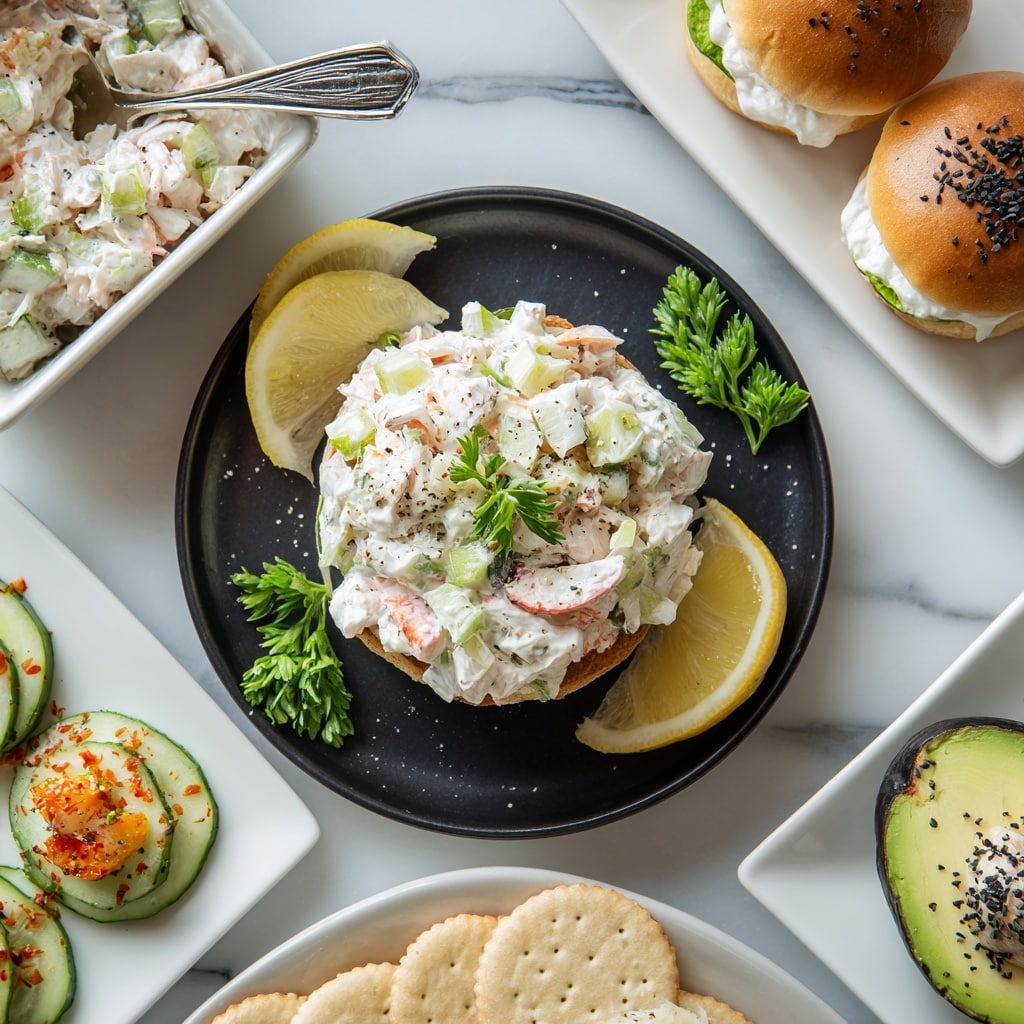 The image shows a small black round plate in the center filled with a chunky crab salad made of white and pink crab meat mixed with small green celery pieces, topped with a creamy white dressing, garnished with two yellow lemon slices and sprigs of fresh green parsley on the side. Surrounding this plate on a white marbled surface are different dishes: on the top left, a white square bowl filled with the same crab salad and a silver spoon; on the top right, white small sandwich buns filled with the crab salad and garnished with parsley; on the bottom left, a white rectangular plate holding cucumber slices topped with crab salad drizzled with red and orange sauces and sprinkled with black seasoning; on the bottom right, a white square plate with a halved avocado filled with crab salad and cracked black pepper on top; and at the bottom center, a white round plate with several round crackers. Photo taken with an iphone --ar 4:5 --v 7