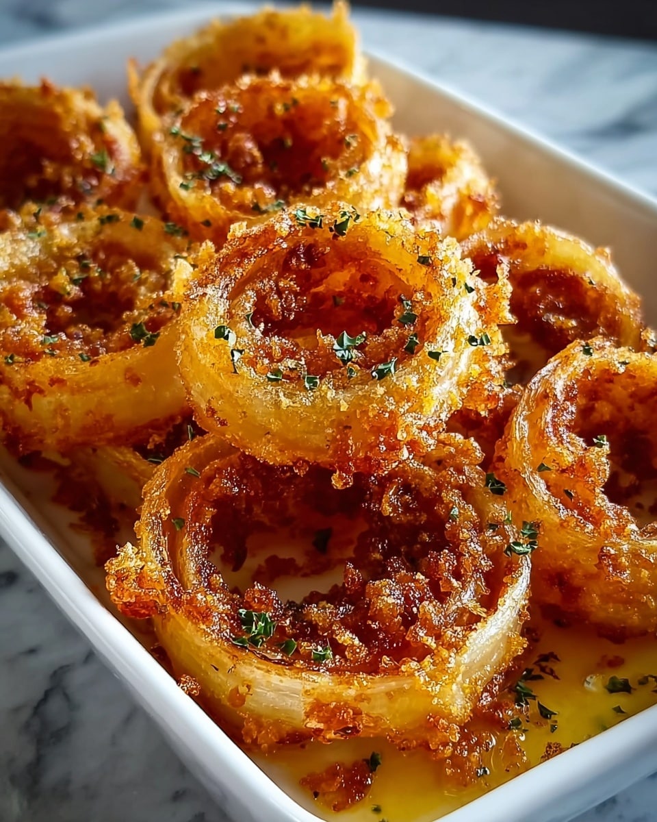 This dish shows several golden brown fried onion rings, each with a crispy texture on the outside and a soft translucent inside layer. The rings are stacked closely in a white rectangular dish, sitting in a light golden oil or sauce that adds a slight shine. Small pieces of green herb garnish are sprinkled evenly over the onion rings, giving a fresh color contrast. The background surface is a white marbled texture. photo taken with an iphone --ar 4:5 --v 7