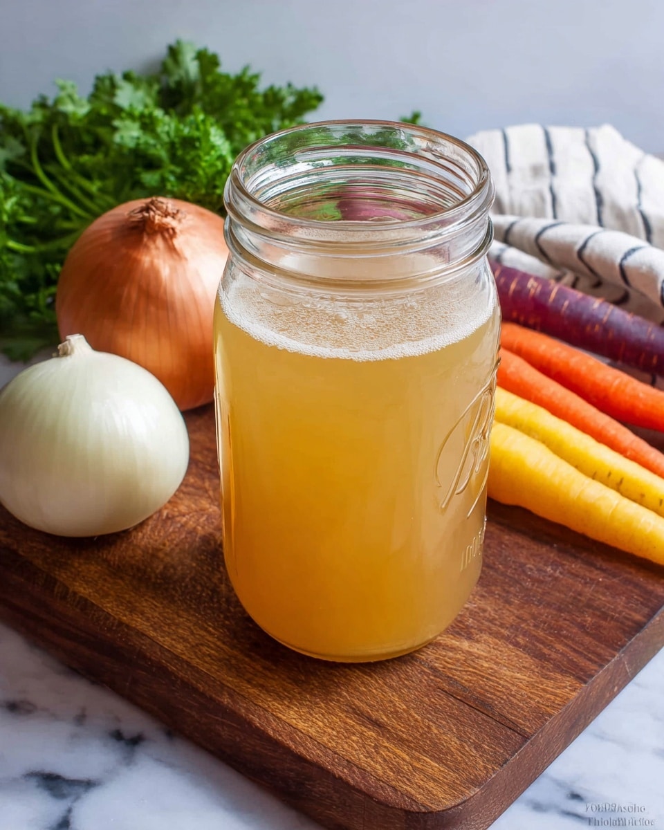 A clear glass bowl filled with brown broth soup topped with small green herb pieces, held by a pair of hands wearing a light beige knitted sweater, is placed on a white marbled surface. Around the bowl, there are fresh vegetables including a bunch of green parsley at the top left, a whole white garlic bulb below it, a whole brown onion at the bottom left, and on the top right, three orange carrots with green tops next to a few green celery sticks. The scene shows a cozy and fresh cooking moment. photo taken with an iphone --ar 4:5 --v 7
