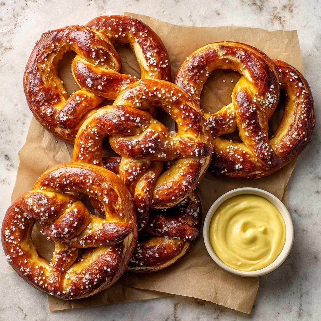 Several soft, golden brown pretzels are spread out on a white marbled surface, each with visible twisting layers of dough forming traditional pretzel shapes. The pretzels have a glossy finish from a shiny glaze and are sprinkled with coarse sea salt, highlighting their texture. Among them, near the bottom right, is a small white bowl filled with smooth, bright yellow mustard, creating a strong color contrast. The scene shows a warm, freshly baked feeling with the pretzels evenly spaced. Photo taken with an iphone --ar 4:5 --v 7