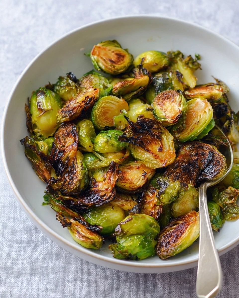 A white bowl filled with roasted Brussels sprouts that are cut in halves and quarters, showing a mix of bright green and golden brown colors with crispy, dark caramelized edges. The sprouts have a shiny, slightly oily surface, indicating they are well-cooked with charred parts adding texture and color contrast. A silver spoon with a long handle rests inside the bowl on the right side. The bowl is placed on a white marbled texture with a soft focus background. photo taken with an iphone --ar 4:5 --v 7