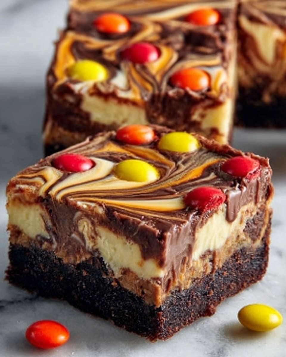 The image shows a close-up of two square layered dessert bars placed side by side on a white marbled surface. Each bar has three visible layers: the bottom layer is dark brown and crumbly, the middle layer is creamy white and smooth with some bubbling texture, and the top layer is a glossy swirl of dark and light brown chocolate, creating a marbled pattern. On top of the swirl, small round candies in bright red, yellow, and orange are scattered randomly, adding pops of color. The overall look is rich and gooey, with the top layer slightly dripping over the edges. Photo taken with an iphone --ar 4:5 --v 7