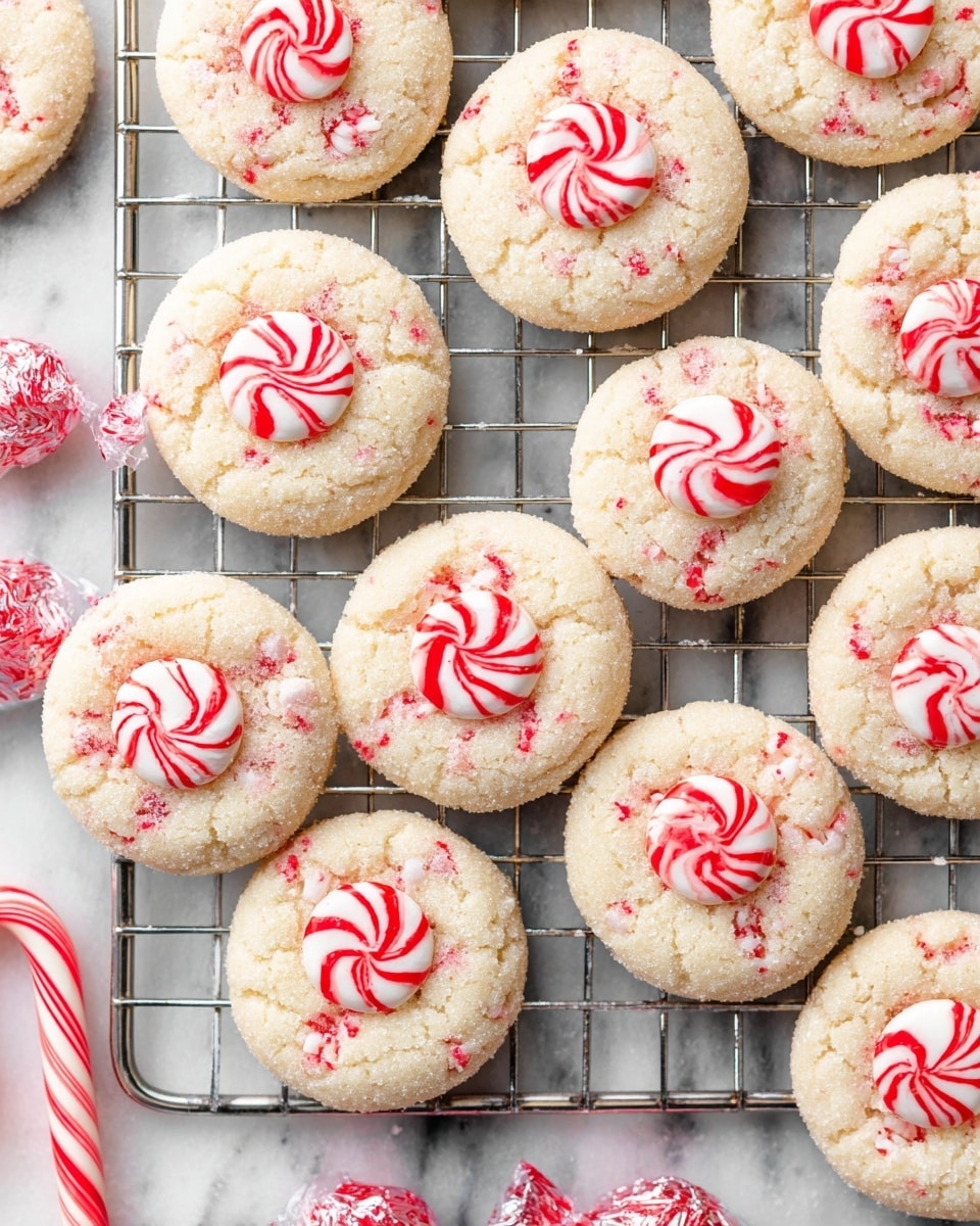 The image shows many round cookies on a metal cooling rack over a white marbled surface. Each cookie has a light beige base with small red bits mixed inside and a sugar-coated texture on top. In the center of every cookie, there is a single round peppermint candy that is white with bright red stripes. There are a few wrapped peppermint candies scattered around the cookies and a small part of a striped peppermint stick is visible on the bottom right corner. The whole scene is bright and clean with a festive look. photo taken with an iphone --ar 4:5 --v 7